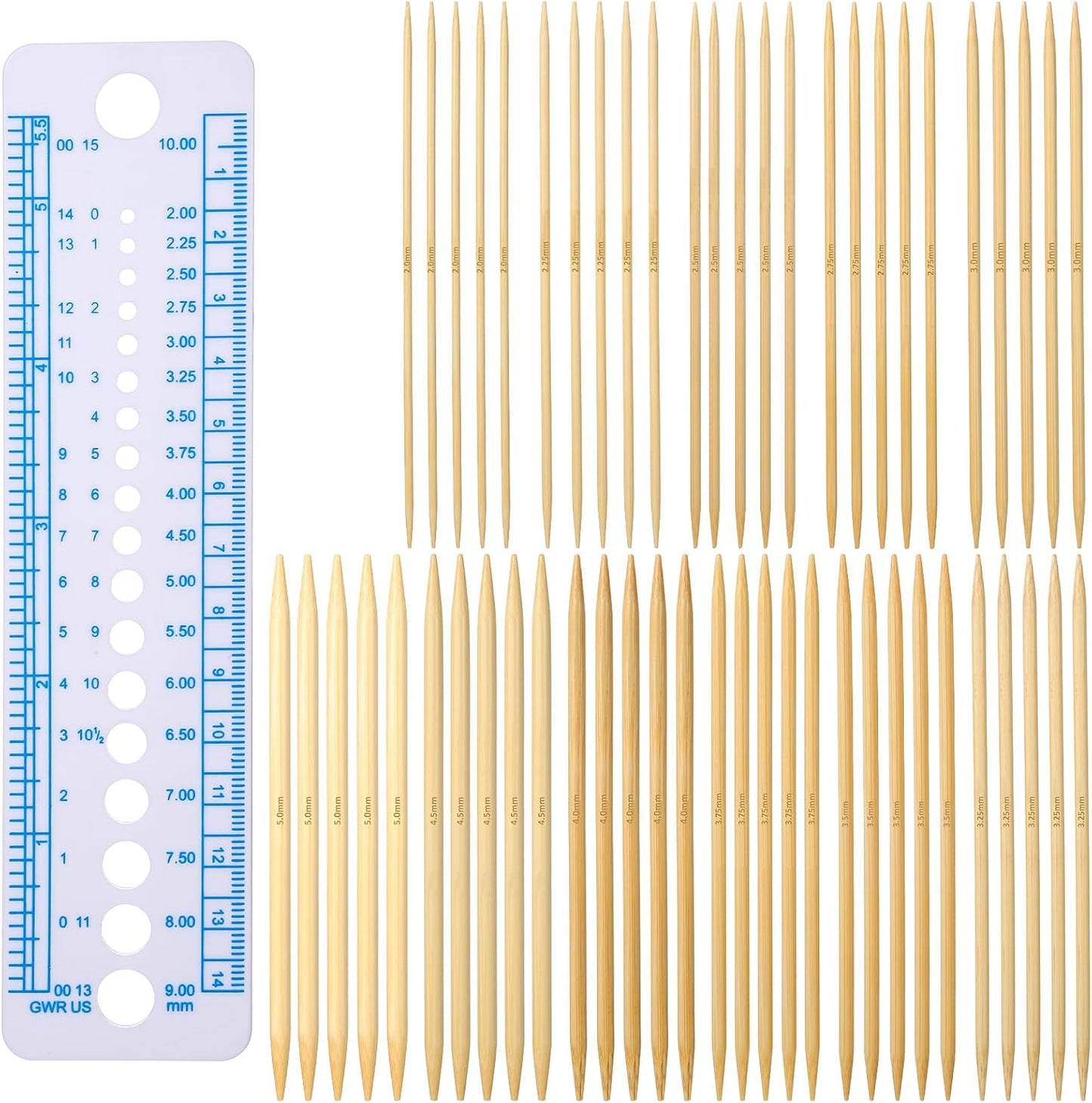 55PCS Wooden Knitting Needles, Double Pointed Knitting Needles Set, 11 Sizes Wooden Knitting Needles with Ruler for Socks Sweaters, 5.1 Inch BST326L
