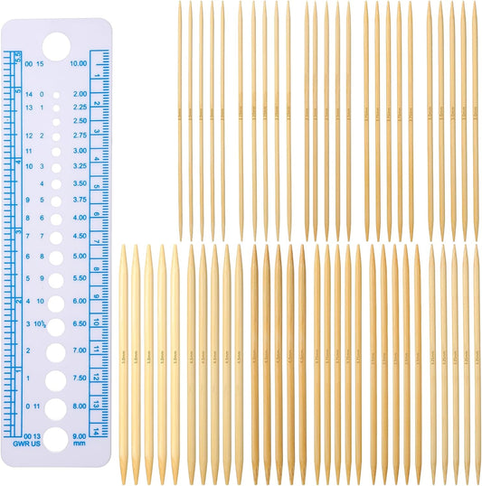 55PCS Wooden Knitting Needles, Double Pointed Knitting Needles Set, 11 Sizes Wooden Knitting Needles with Ruler for Socks Sweaters, 5.1 Inch BST326L