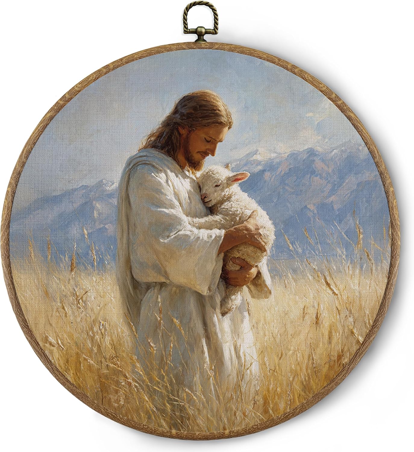 BitKAM Jesus and Lamb Christian Round Wall Art Decor, Jesus Saves the Lost Lamb Canvas Prints Framed, Religious Wall Hanging Decorations for Church Home Bedroom Living Room, 10x10 Inch Wall Sculptures BST326L