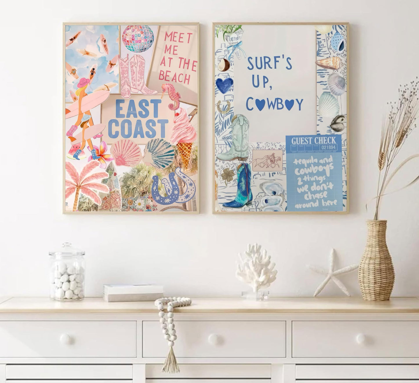 2PCS Pink And Blue Coastal Cowgirl Wall Art Surfboart Wall Decor Unframed | Coastal Girl Posters Beach Pictuers Cowboy Boots Prints for College Girls Dorm Bathroom Gallery Bedroom BST202