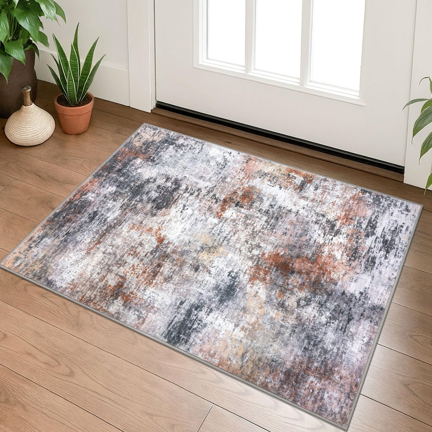Lansny Modern Abstract Runner - 2x5, Beige Grey Washable Kitchen Entryway Rug Mat Non-Slip Soft Neutral Hallway Rug Thin Print Faux Wool Carpet for Bedroom Laundry Room Indoor BST220