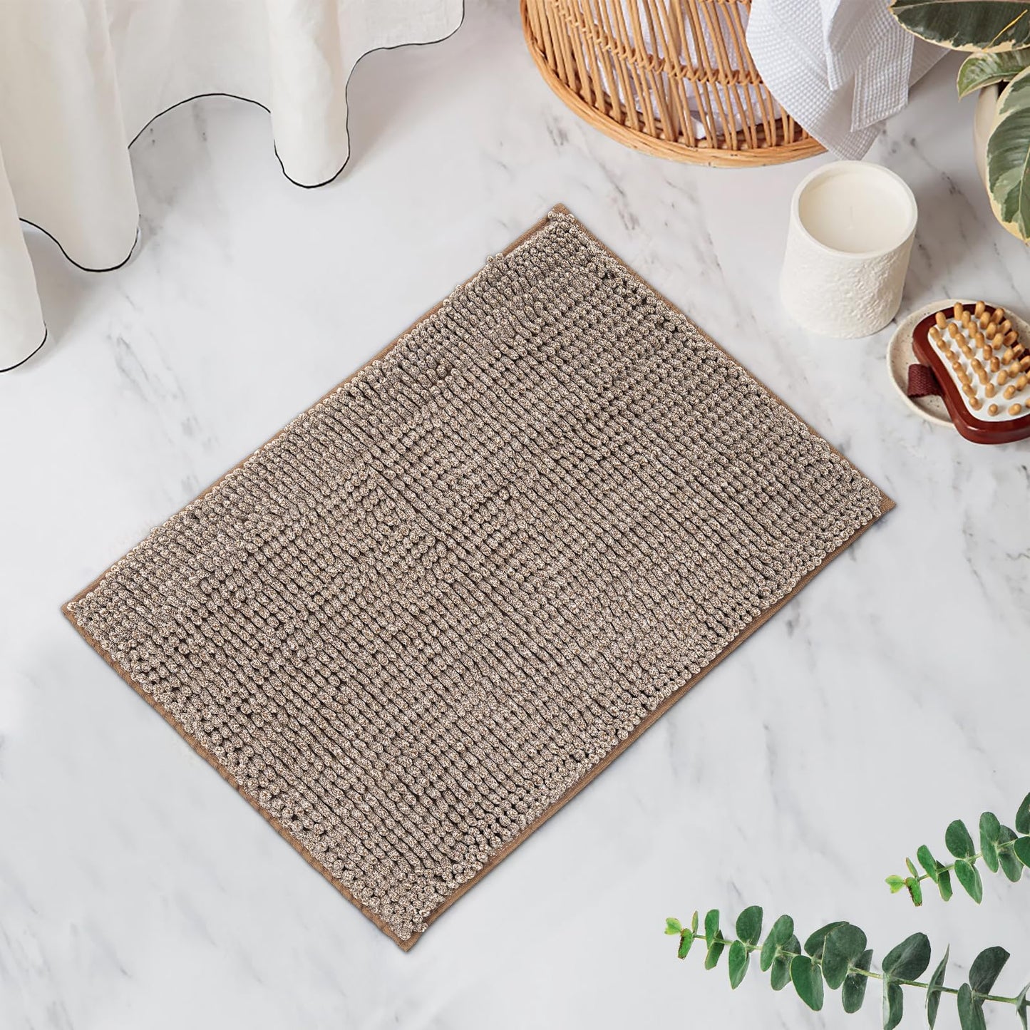 FRESHMINT Chenille Bathroom Rugs Mat 24"x17", Non-Slip Bath Mat for Bathroom Floor & Bathtub, Washable Soft Shower Shag Bath Rugs, Fluffy Thick Water Absorbent Microfiber Shower Mat, Sage Green BST220