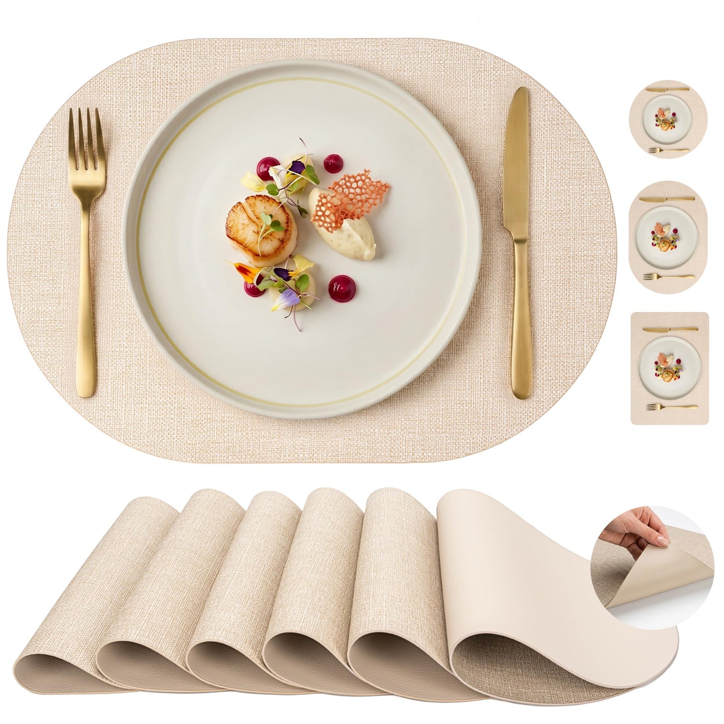 Faux Leather Placemats Set of 6, Wipeable Waterproof Stain Resistant Table Mats, Heat Resistant Thick Placemats with Hand-Painted Edges for Kitchen Dining, Imitative Linen Texture, Various Shapes BST326H