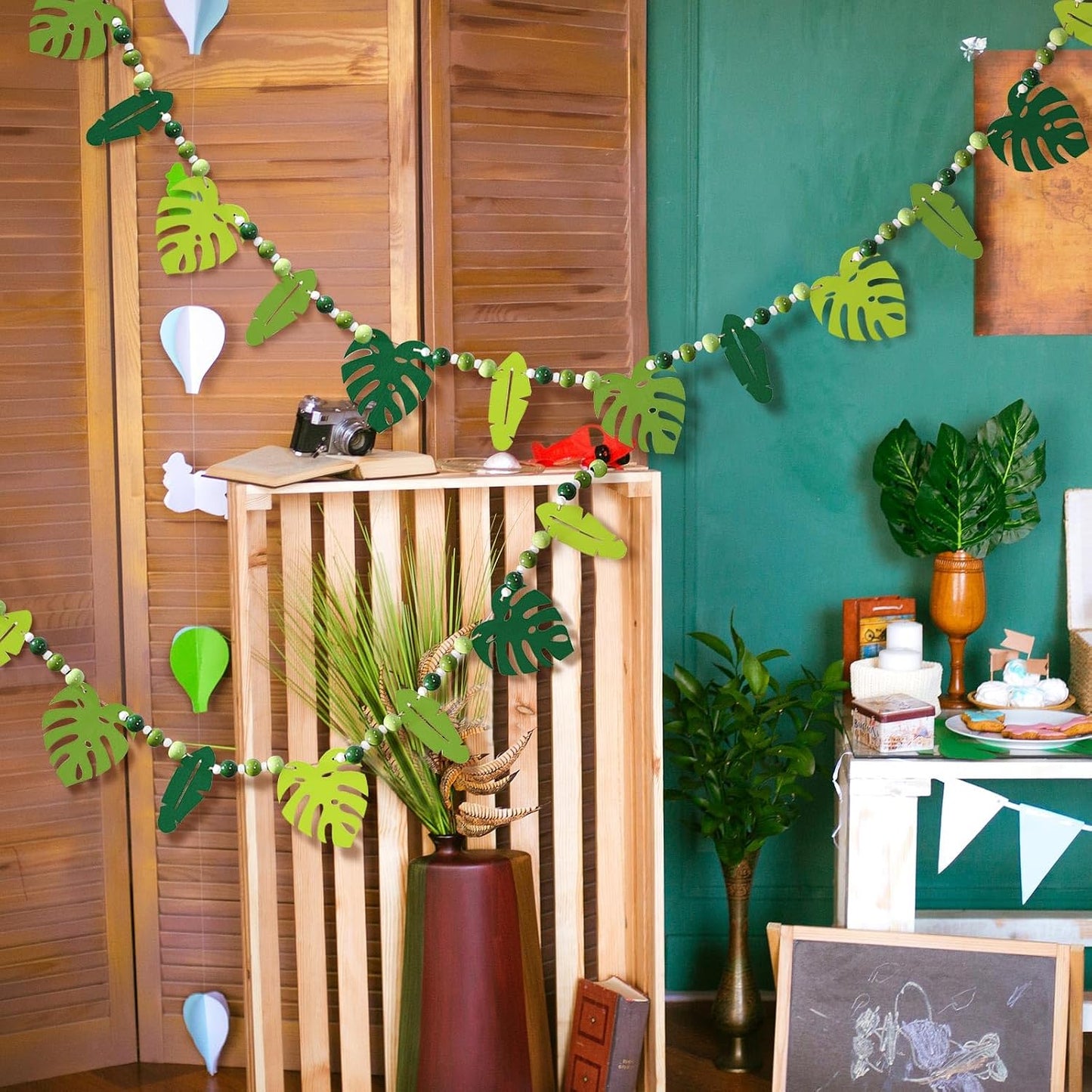 Chunful 2 Pcs Tropical Monstera Garland 6.56 ft Wood Palm Leaf Beads Banner Summer Hanging Garland for Hawaiian Luau Jungle Party Wall Fireplace Shelf Mantle Display Farmhouse Decor Home Supplies BST326L