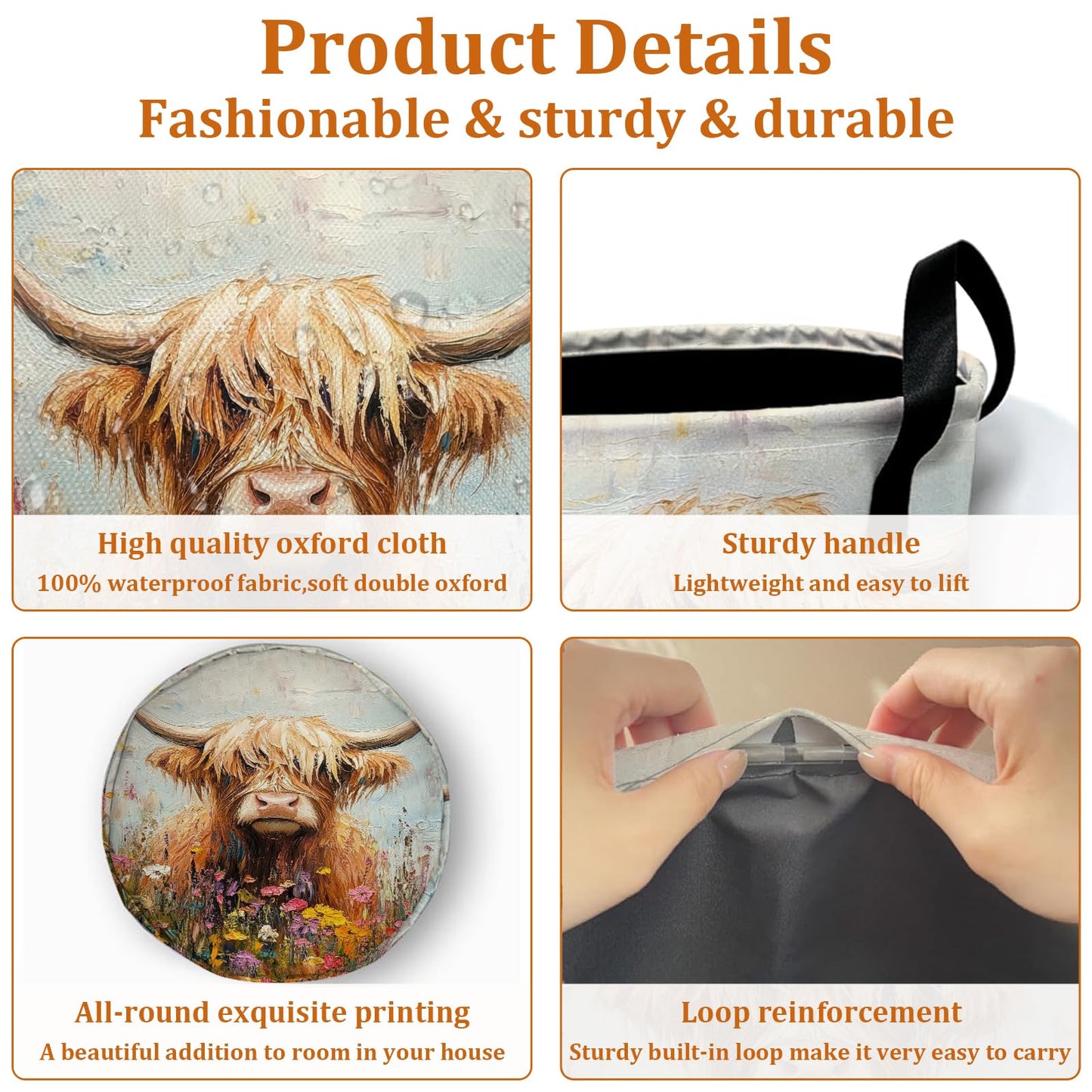 Nature Cow Print Laundry Basket with Sturdy Handles, Cow Skin Collapsible Oxford Cloth Laundry Hamper Organizer Basket for Bathroom Bedroom 15.7x20 Inch BST220