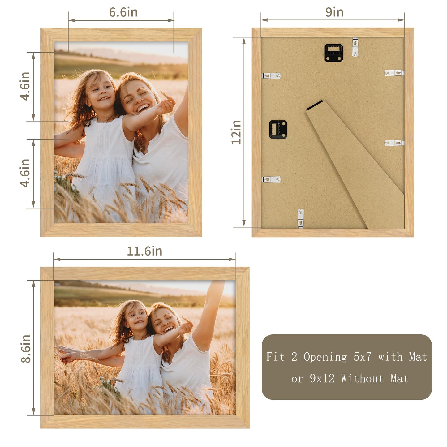 YESKAY 12x16 Picture Frame - 12 x 16 Photo Frame Made of Solid Oak Wood and Real Glass,Display Picture 4 Opening 5x7 with Mat or 12x16 Without Mat for Wall Mounting(Color Walnut) BST326H