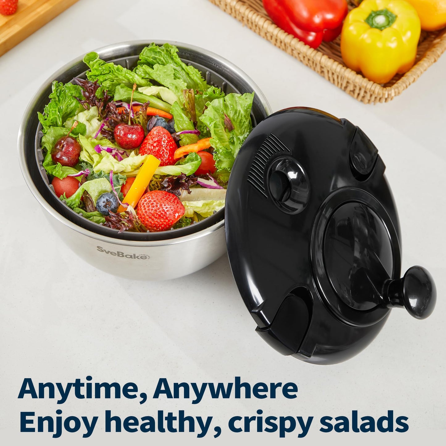 Stainless Steel Salad Spinner, 4.8 Qt Vegetable Washer, BPA-Free Lettuce Dryer with Crank Design, Easy Clean, Non-Slip Base - Transparent Lid BST220