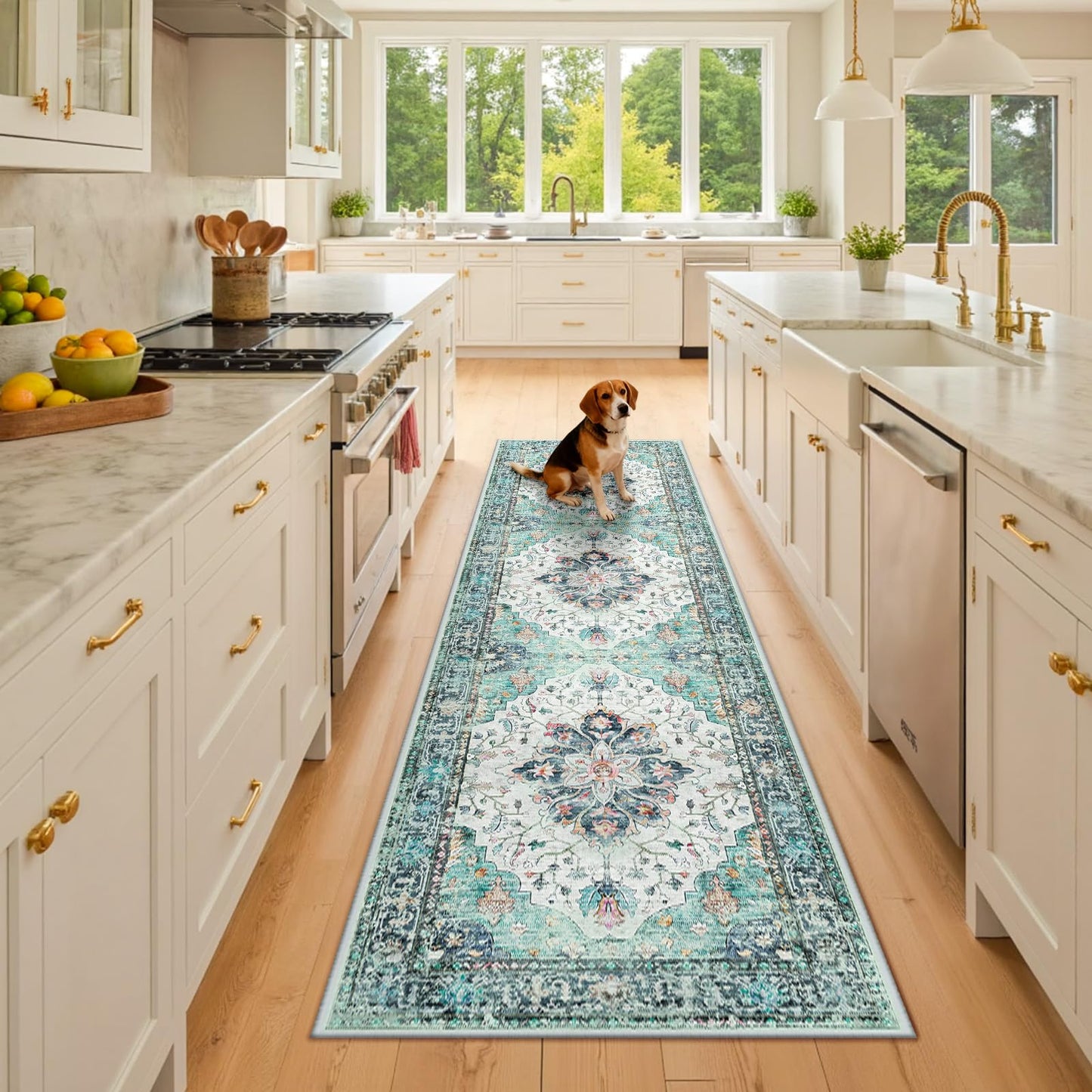 RELEANY Area Rugs Runner 2'x6' Washable Non-Slip, Floral Vintage Distress Medallion Carpet for Kitchen Hallway Bedroom Beside Laundry Room Bathroom, Teal Green Lake Blue Turquoise DD1210