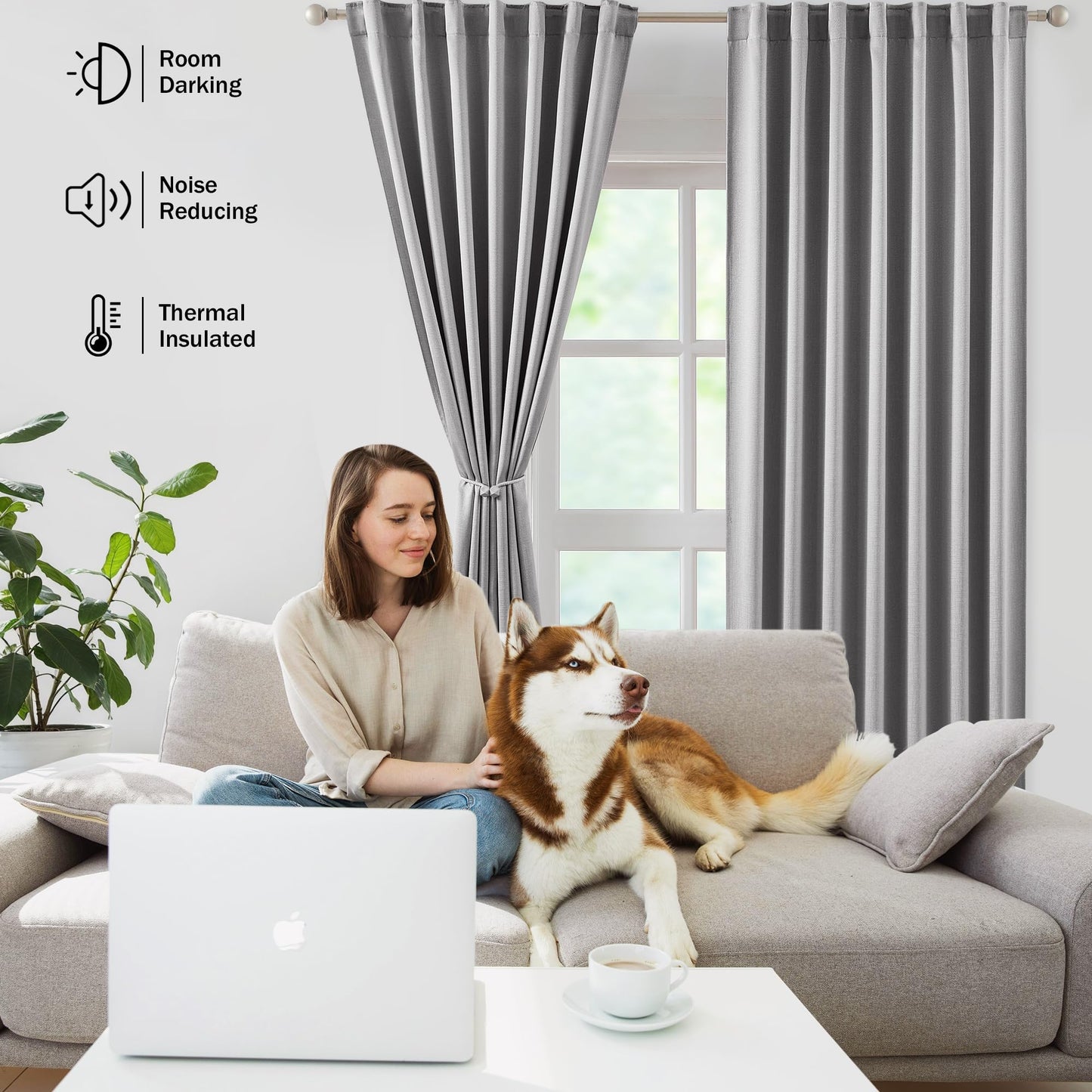 Bujasso Gray Jacquard Blackout Window Curtain Panels, 54" Wx84 Lx2 | Back Tab Rod Pocket with Magnetic Tiebacks,Thermal Insulated,85% Room Darkening Light Blocking Drapes for Bedroom Living Room BST326H