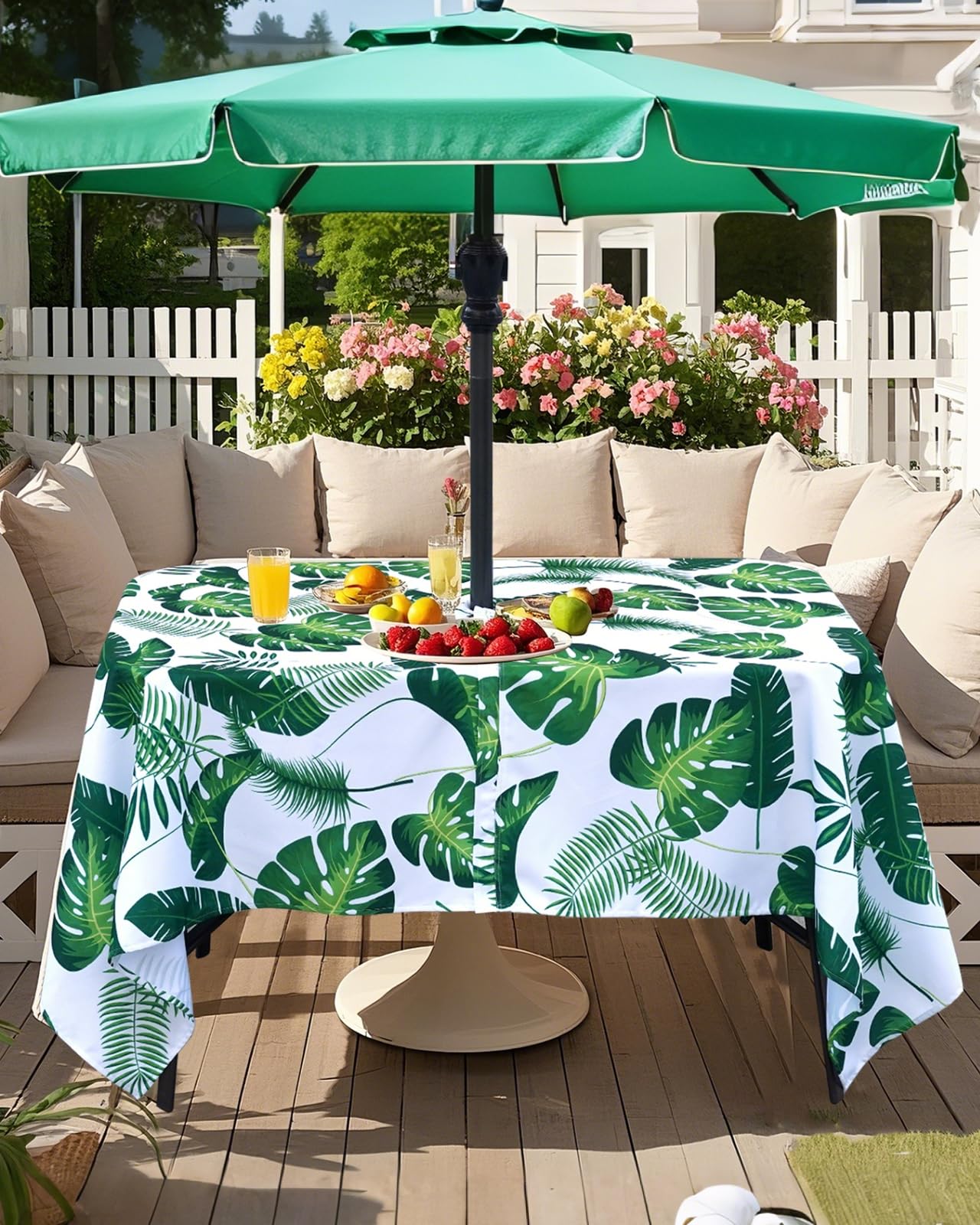 Eternal Beauty 52” Round Tablecloth Waterproof Outdoor Tablecloth with Umbrella Hole Zipper for Spring Summer Patio Picnic Tables (Tropical Palm Leaf) BST326H