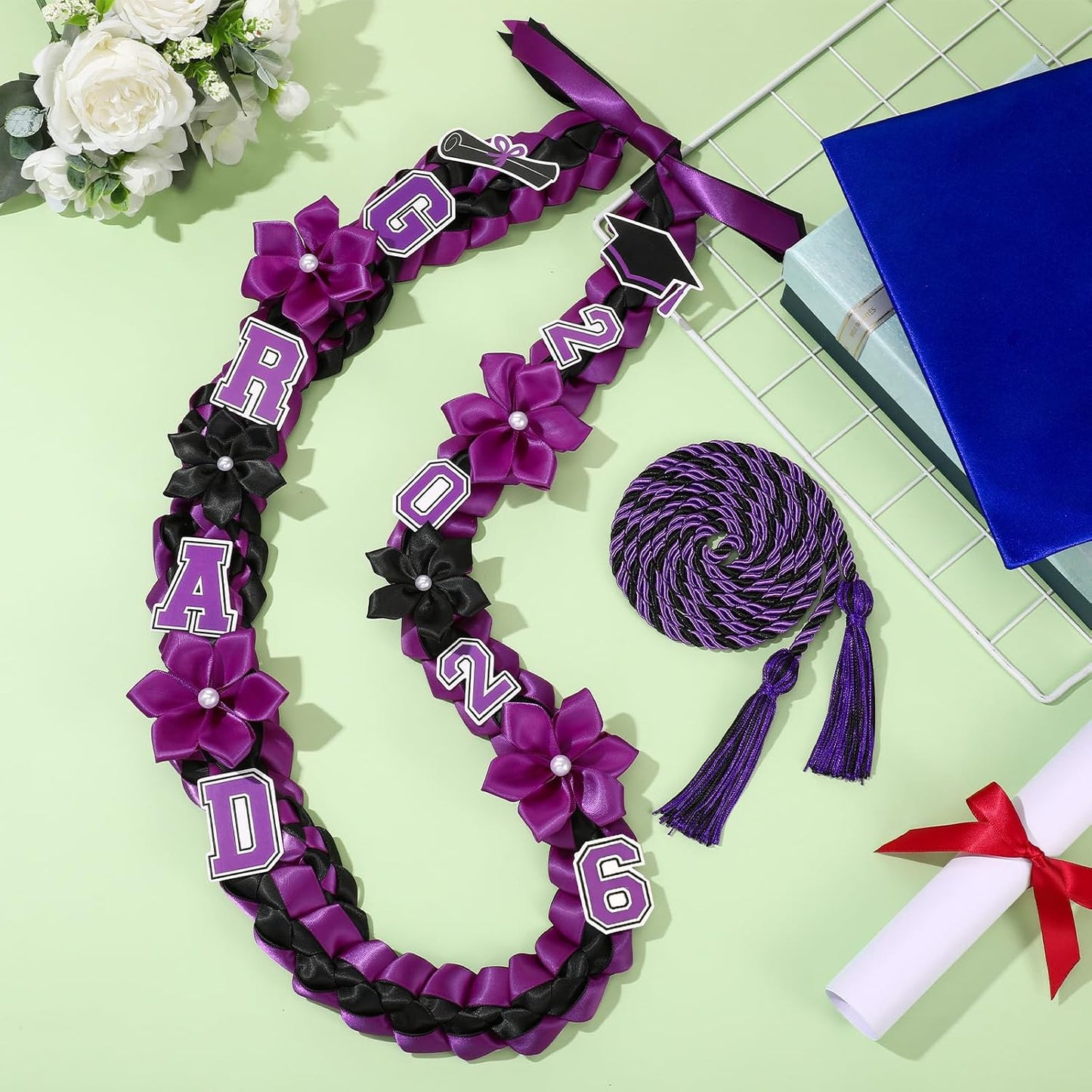 Thiccywoov Graduation Ribbon Lei Class of 2026 Grad Lei Kit Graduation Double Braided Necklace with Honor Cord for Graduate Women Men High School College Grad Party Supplies(Purple, Black) BST326H