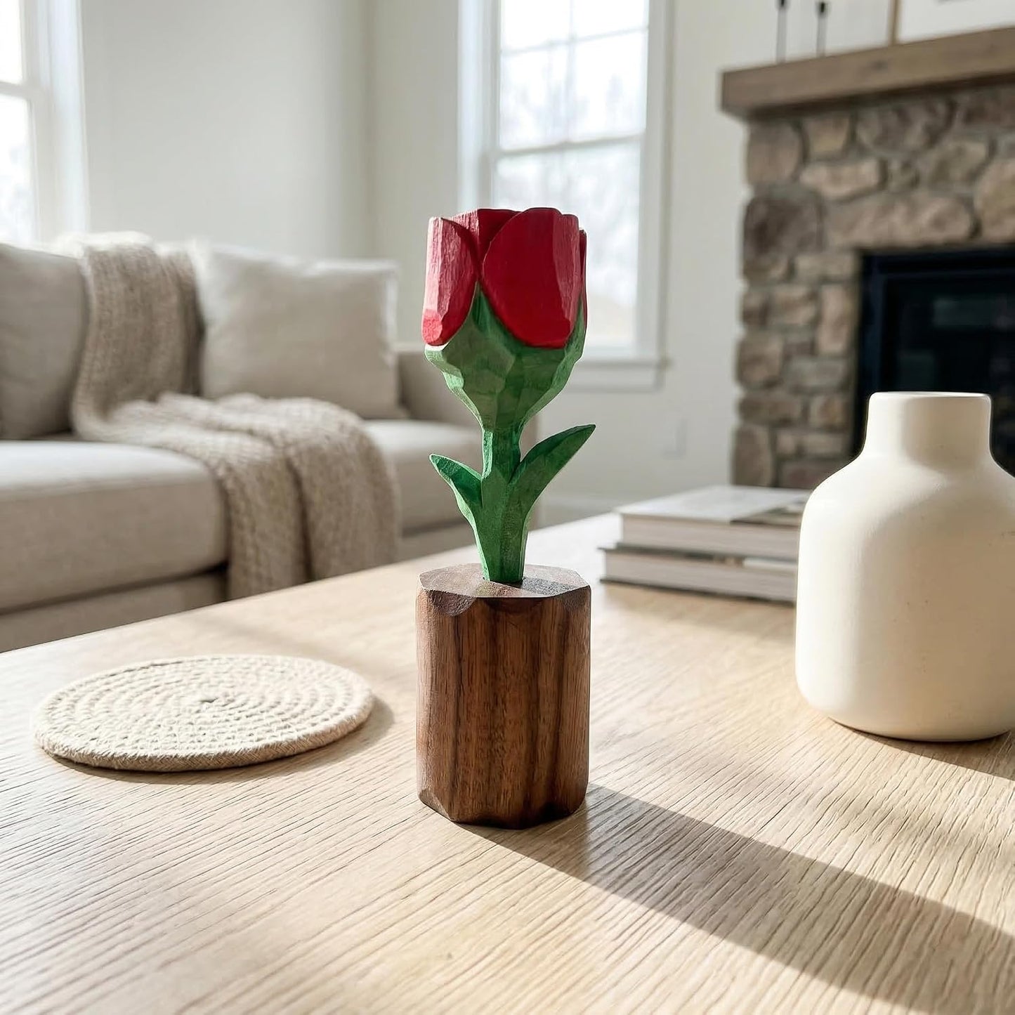 Wood Rose for 5th for Wife - Handcrafted Basswood Flower Figurine - Romantic Valentine's Day Birthday Gift for Her - Everlasting Wooden Sculpture with Gift Box (Red) BST220