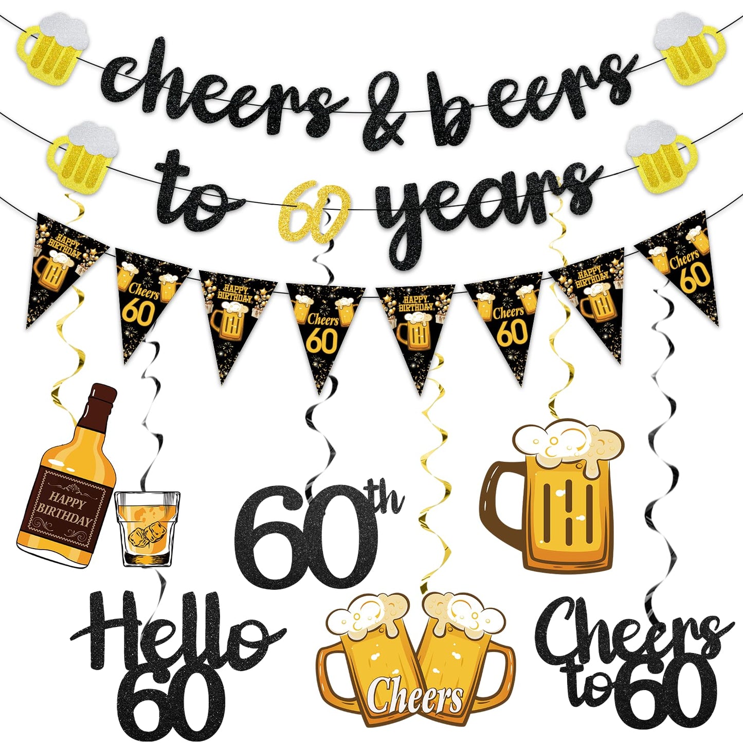 Black Gold 90th Birthday Decorations for Men Women, Glitter Pre-Strung Cheers to 90 Years Banner Hello 90 Hanging Swirls Paper Triangle Flag Banner Decorations Bday Party Supplies Kit WN420