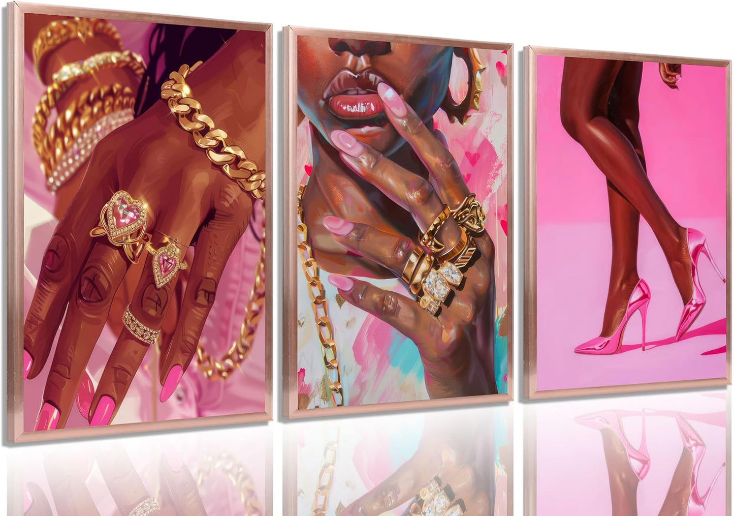3Pcs Pink Fashion Black Girl Canvas Wall Art African American Black Woman Wall Decor Pictures Gorgeous Black Girl Posters Prints for Living Room Bedroom Artwork Home Decoration Unframed BST326H
