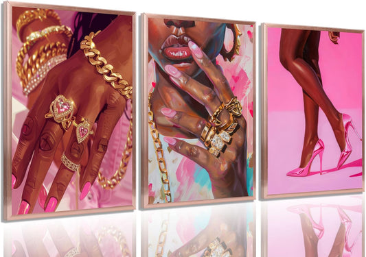 3Pcs Pink Fashion Black Girl Canvas Wall Art African American Black Woman Wall Decor Pictures Gorgeous Black Girl Posters Prints for Living Room Bedroom Artwork Home Decoration Unframed BST326H