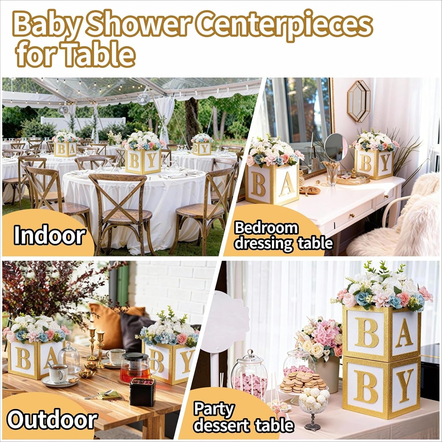 6 Set Baby Shower Centerpieces for Table 8 Inch Felt Boxes with Baby Letters for Boy/Girl Neutra,Baby Shower, Gender Revea Party Table Decor BST202