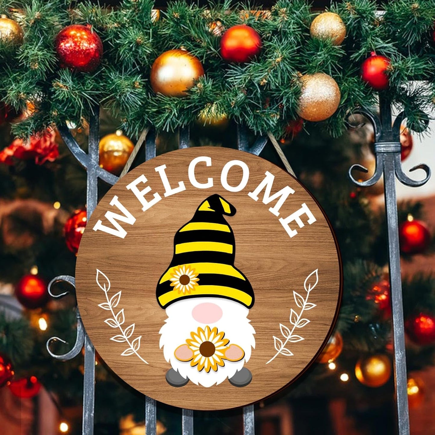 Interchangeable Seasonal Welcome Sign Front Door Decoration,Rustic Round Wood Wreaths Wall Hanging Outdoor Decor for Spring Summer Autumn and Winter All Seasons Holiday Halloween Christmas(Elf) BST326H