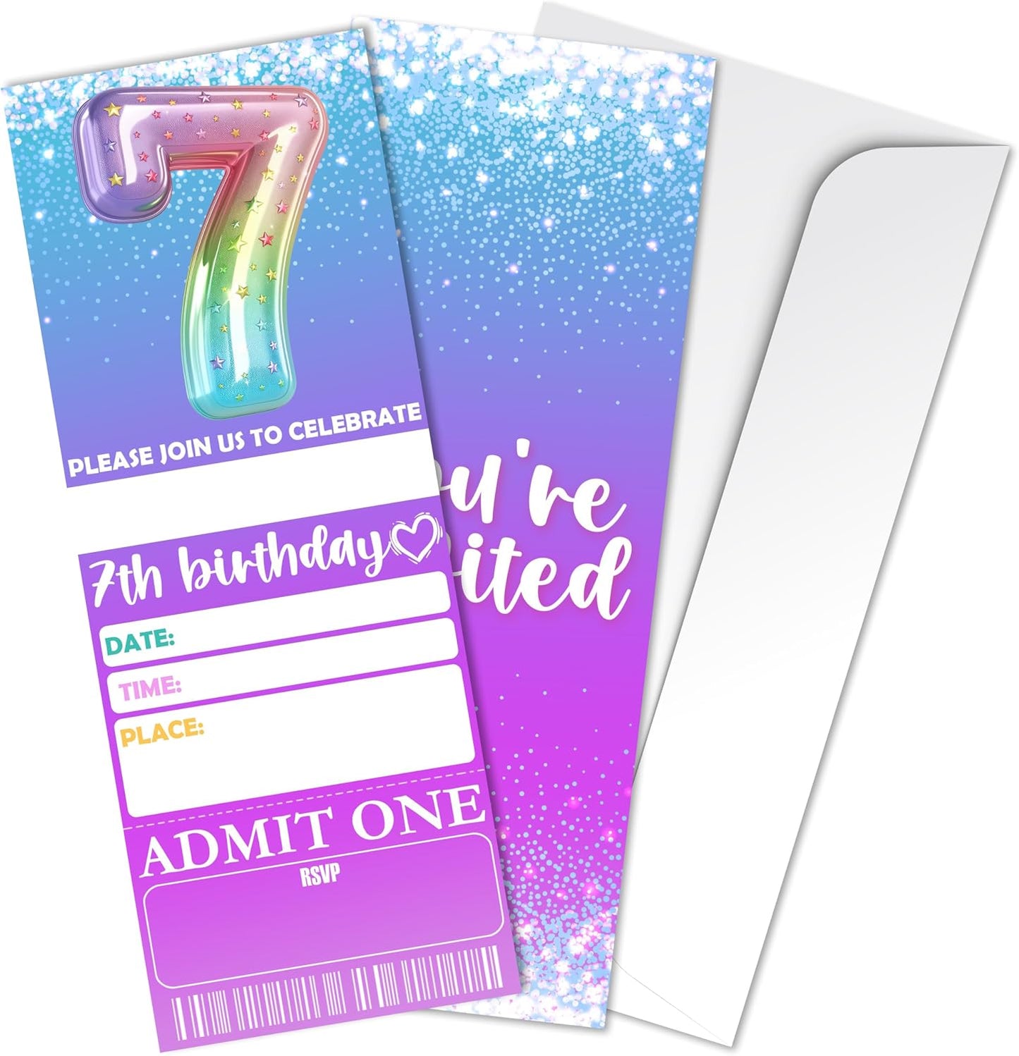 7th Birthday Party Invitations - 3’’ x 8’’ Rainbow Foil Balloon Invites Cards - 20 Double-Sided Fill-in Vip Tickets With 20 Envelopes For Girls Teens - Birthday Party Supplies Decorations - B02 BST326L