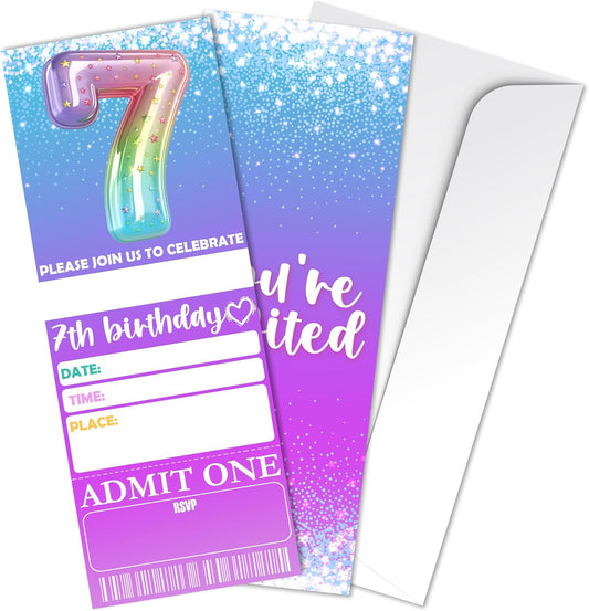 7th Birthday Party Invitations - 3’’ x 8’’ Rainbow Foil Balloon Invites Cards - 20 Double-Sided Fill-in Vip Tickets With 20 Envelopes For Girls Teens - Birthday Party Supplies Decorations - B02 BST326L