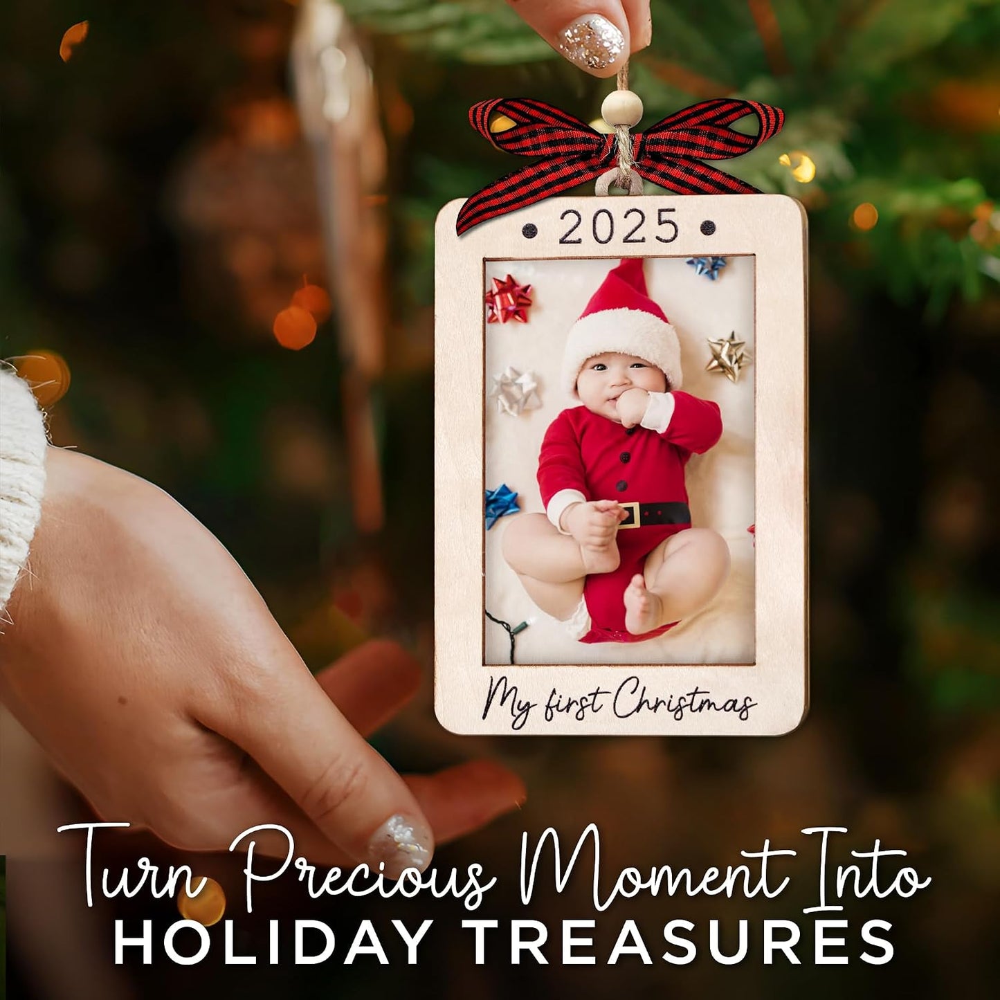 Hangwoous Baby's First Christmas Photo Frame Ornament 2025 | Wooden portrait frame keepsake, first Christmas photo gift for baby BST202