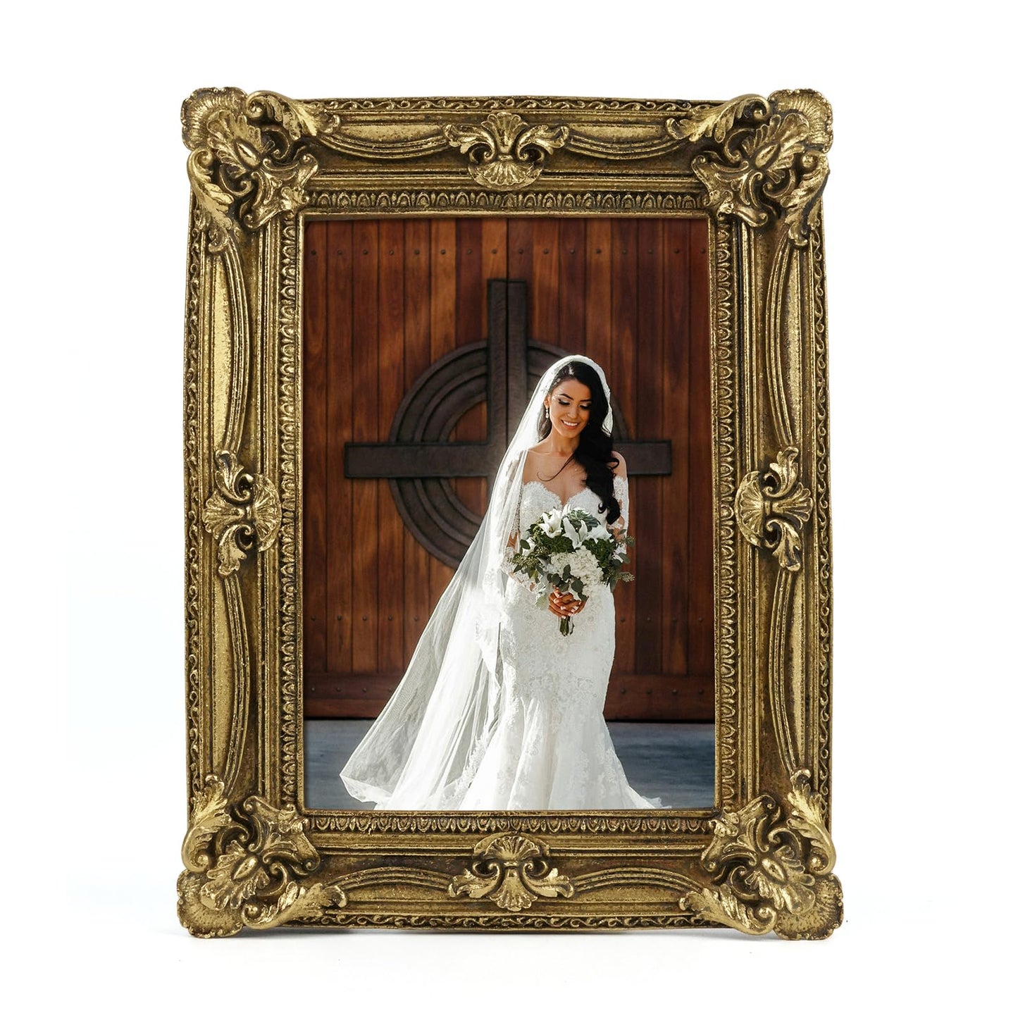 5x7 Wedding Picture Frame Gold,2 Pack Small Frame for Gallery Decor | Durable Resin Material,Tabletop & Wall Display,Real Glass,Rose Floral Design,Antique Brass Finish,Wedding Arrangement Decor BST326H