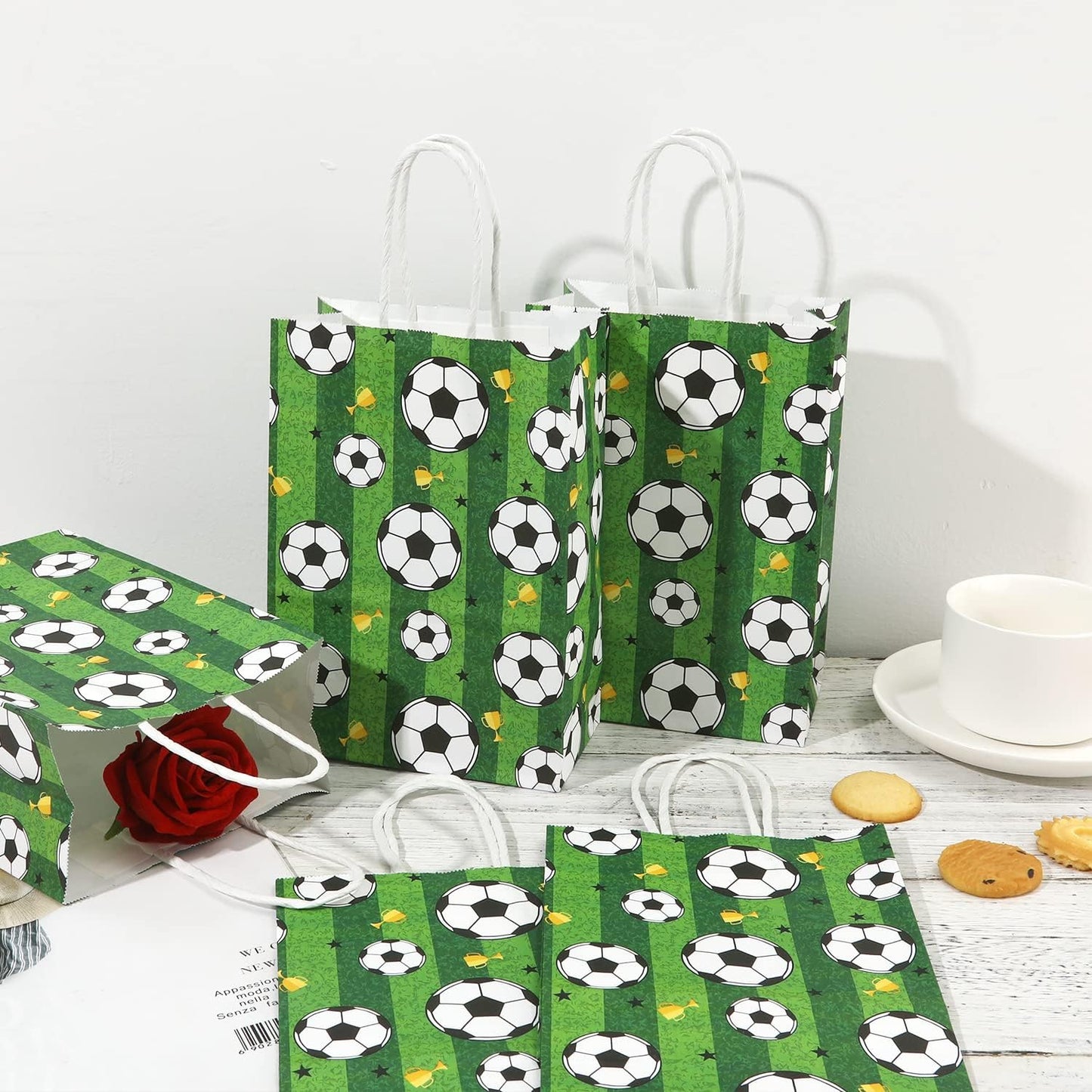 16pcs Soccer Party Favor Paper Bags - Green Football Gift Bags with Handles for Kids & Adults Team Soccer Party Goodie Snacks Treat Supplies WN420