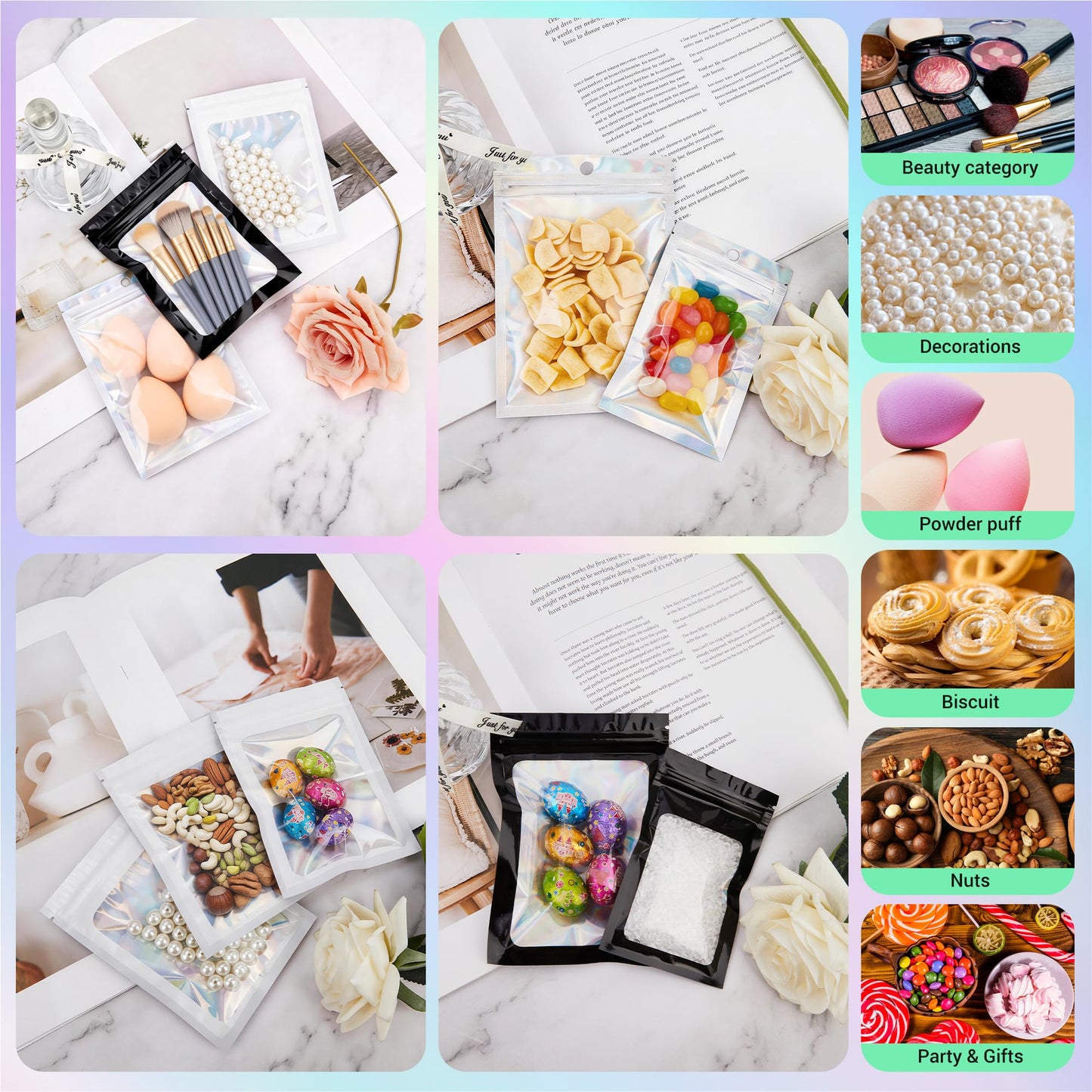 Holographic Mylar bags -100Pcs Self-Seal Resealable Zip Baggies with Clear Window, Smell Proof Laser Iridescent White 3x4.7 inch for Small Business Samples, Party favors,Snacks,Jewelry BST326L