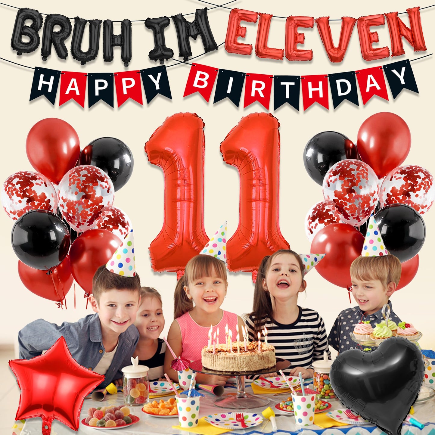 9th Birthday Decorations Boys Kit - 27 Pcs Red and Black Bruh Im Nine Balloon Banners Happy Birthday Fishtail Flags Number 9 Balloon Star Heart Balloons Set for 9 Year Old Party Decoration Supplies BST202