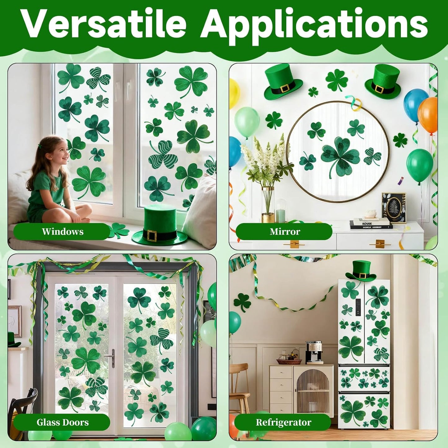 Unique Shamrock Design - St. Patrick's Day Window Clings, 8 Sheets Window Decals Decorations for Home, Office, Classroom, Indoor Spring Stickers Decor BST326L