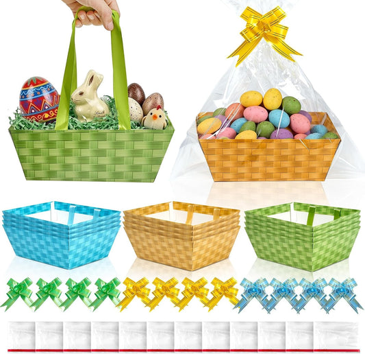 APUDWN 12 Pack Gift Baskets with Handles, Pastel Paper Baskets with Cellophane Bags and Pull Bows, Colorful Gift Containers for Candy Snacks Party Favors Classroom Supplies 9.8 x 7.9 x 3.5 Inch BST220