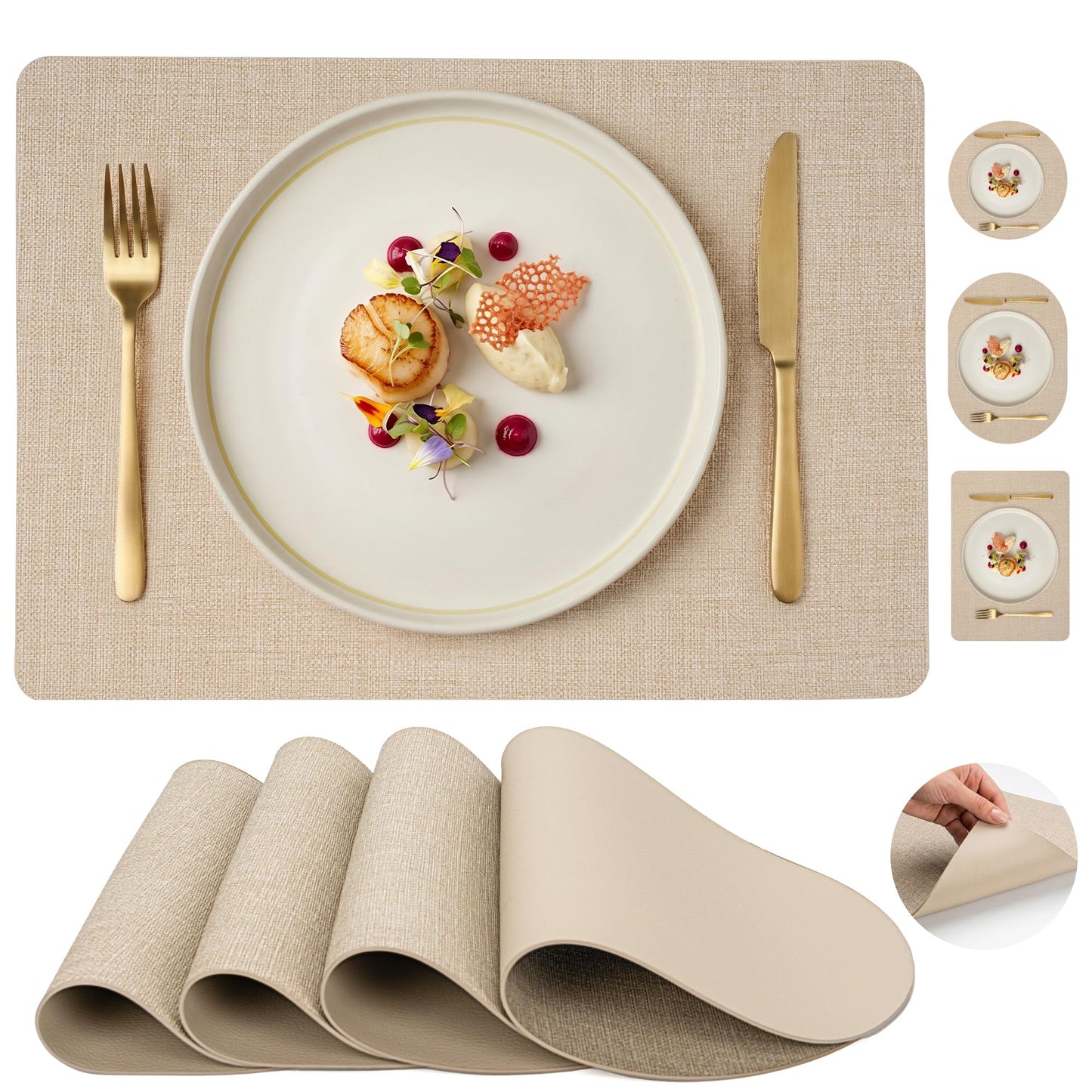 Faux Leather Placemats Set of 6, Wipeable Waterproof Stain Resistant Table Mats, Heat Resistant Thick Placemats with Hand-Painted Edges for Kitchen Dining, Imitative Linen Texture, Various Shapes BST326H