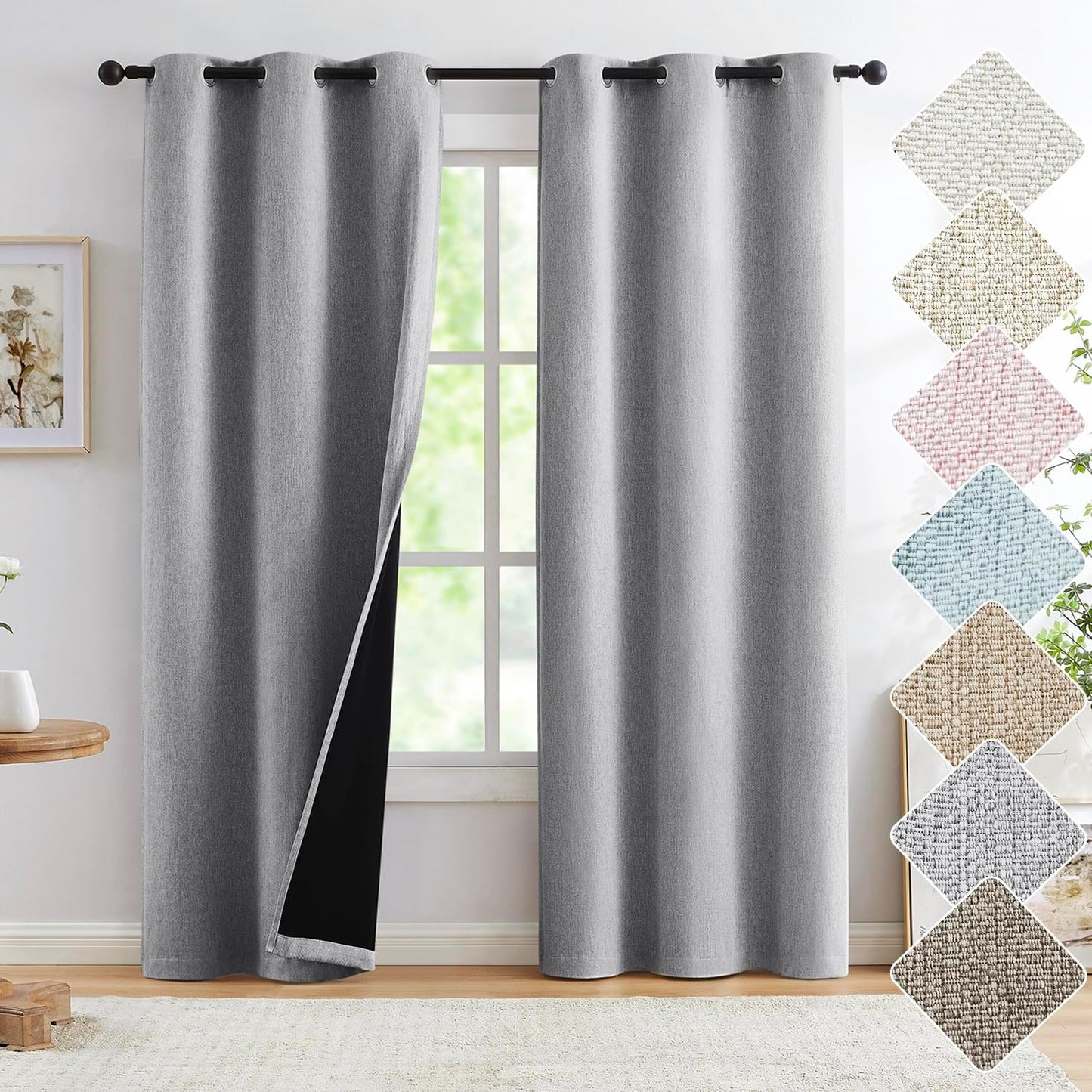 Grey Full Blackout Linen Curtains 84-inch-Long Thermal Insulated Noise Reducing Bedroom Drapes Rustic Farmhouse Triple Weave Window Treatment Set for Theatre, Nursery, 40"x84"x2, Grey BST202