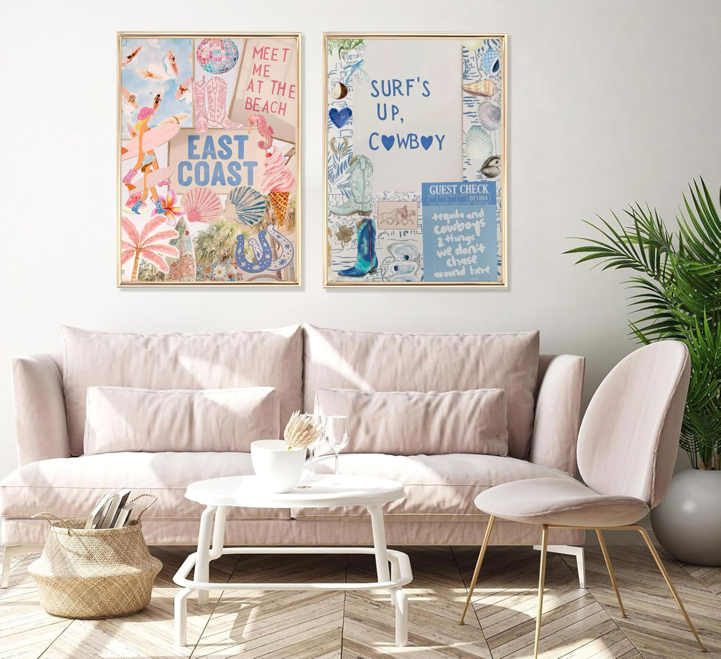 2PCS Pink And Blue Coastal Cowgirl Wall Art Surfboart Wall Decor Unframed | Coastal Girl Posters Beach Pictuers Cowboy Boots Prints for College Girls Dorm Bathroom Gallery Bedroom BST202