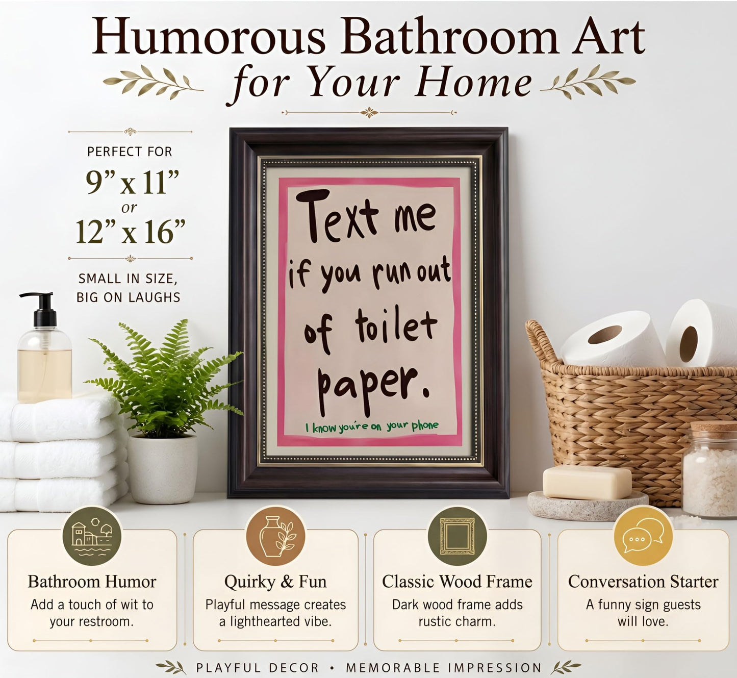 Dark Brown Framed Text Meif You Runoutof Toiletpaper Wall Art 9x11in | Pink Humor Bathroom Wall Decor Picture Funny Bathroom Quotes Poster for Toilets And Restrooms Decoration BST326H