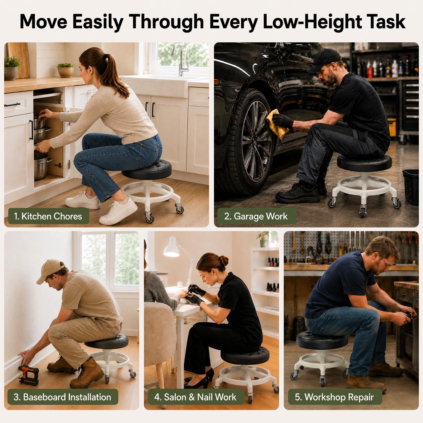 Low Rolling Stool with Smooth & Quiet Bearing Rubber Wheels, Heavy Duty 600 lb Capacity Mechanics Rolling Seat for Garage, Salon, Cleaning & Auto Repair, Black Seat with Black Frame WN420
