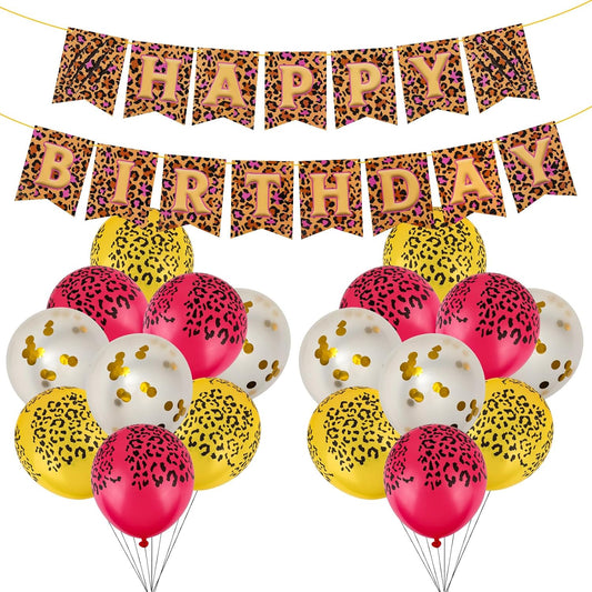 Cheetah Print Birthday Decorations, Pink Gold Leopard Happy Birthday Banner with Balloons for Girls Women Safari Animal Theme Party Celebration Decor Supplies WN420