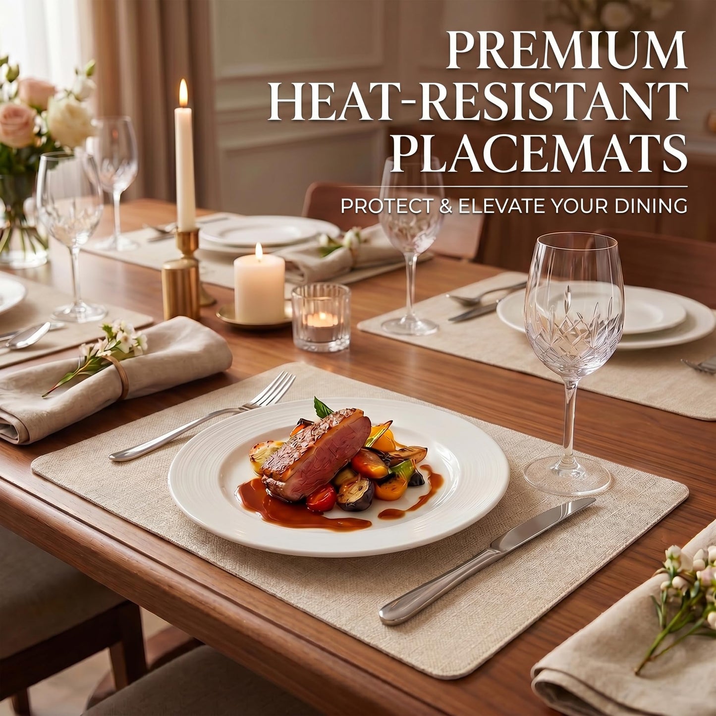 Faux Leather Placemats Set of 6, Wipeable Waterproof Stain Resistant Table Mats, Heat Resistant Thick Placemats with Hand-Painted Edges for Kitchen Dining, Imitative Linen Texture, Various Shapes BST326H