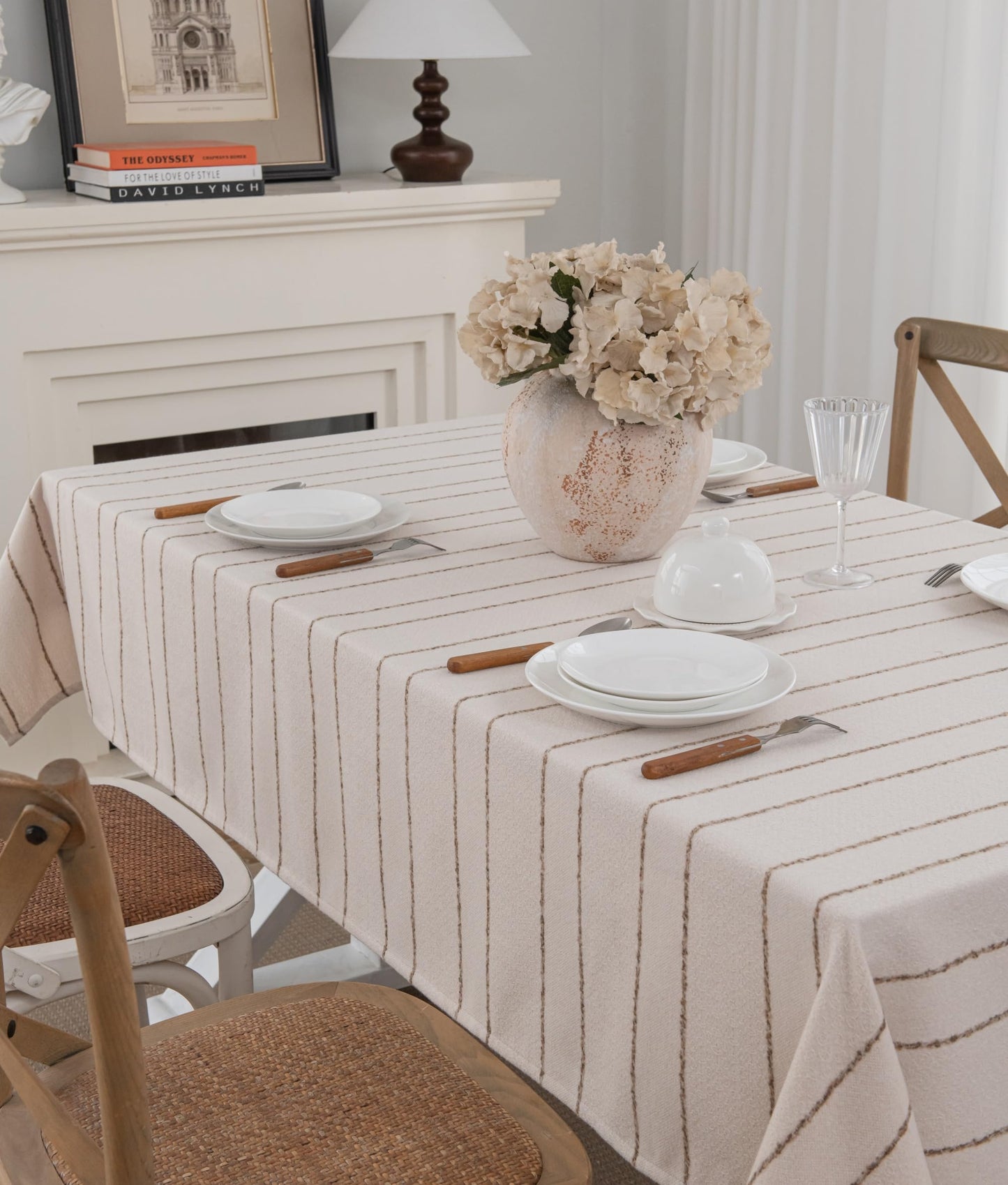 Caflife White Square Tablecloth 55x55 Inch, Cotton Linen Polyester Blend Stripes Table Cloth, Farmhouse Boho Decorative Table Cover for Dining Room Party Buffet Home Kitchen Table Decor BST202