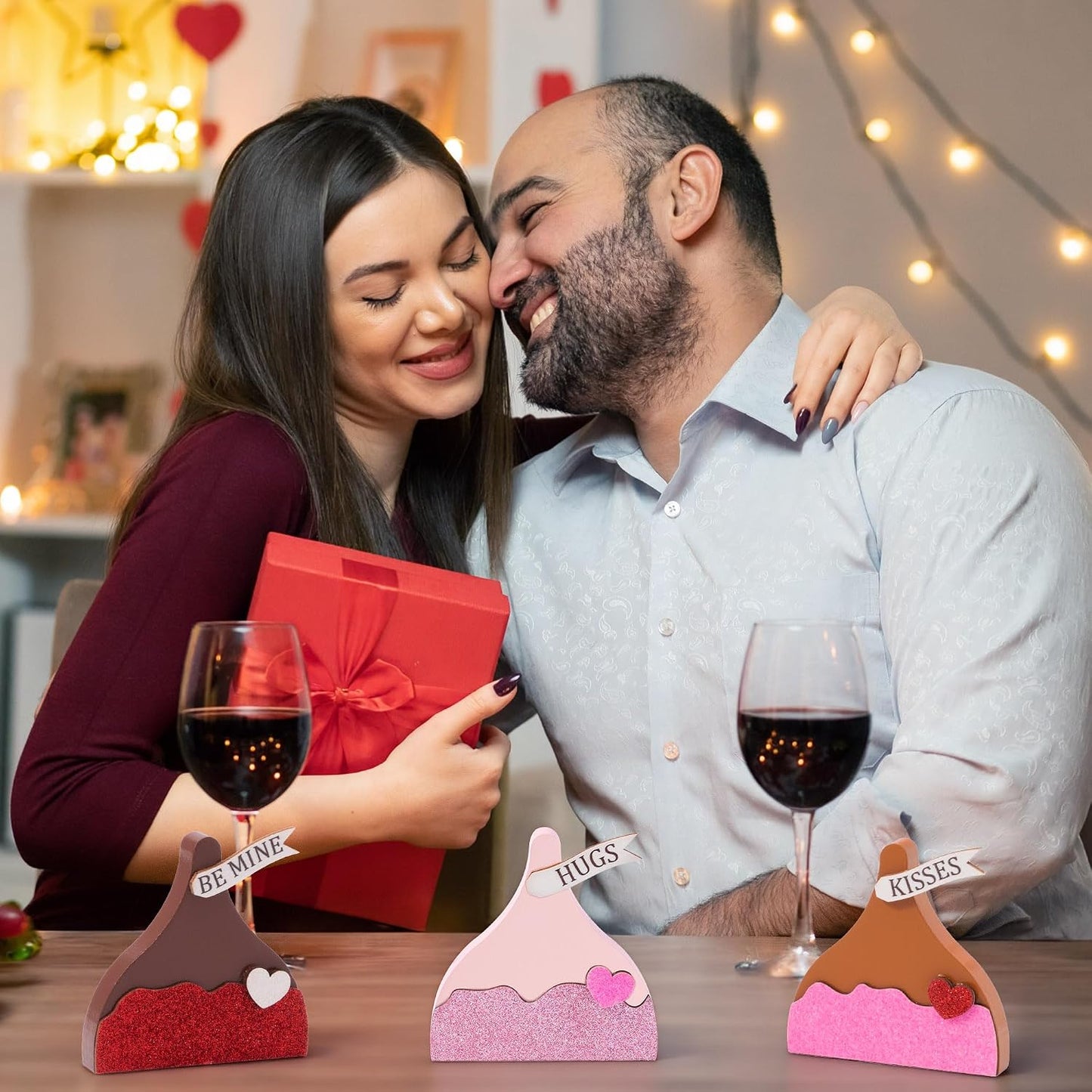WATINC Valentine Tiered Tray Signs - 3PCS Valentine's Day Kisses Wooden Table Centerpiece Decorations, Sweet Glitter Candy Chocolate Wood Desk Decor, Romantic Tabletop Wedding Farmhouse Party Gifts BST202