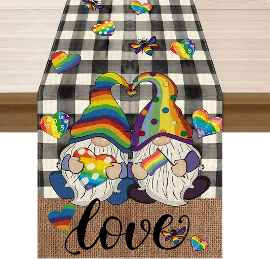 XCHI Watercolor Plaid Gnome Rainbow Love Heart LGBTQ Pride Day Table Runner Inclusion Gay Table Decoration Equality for Party Home Kitchen Dining Holiday Decor 13x90 Inch BST326L