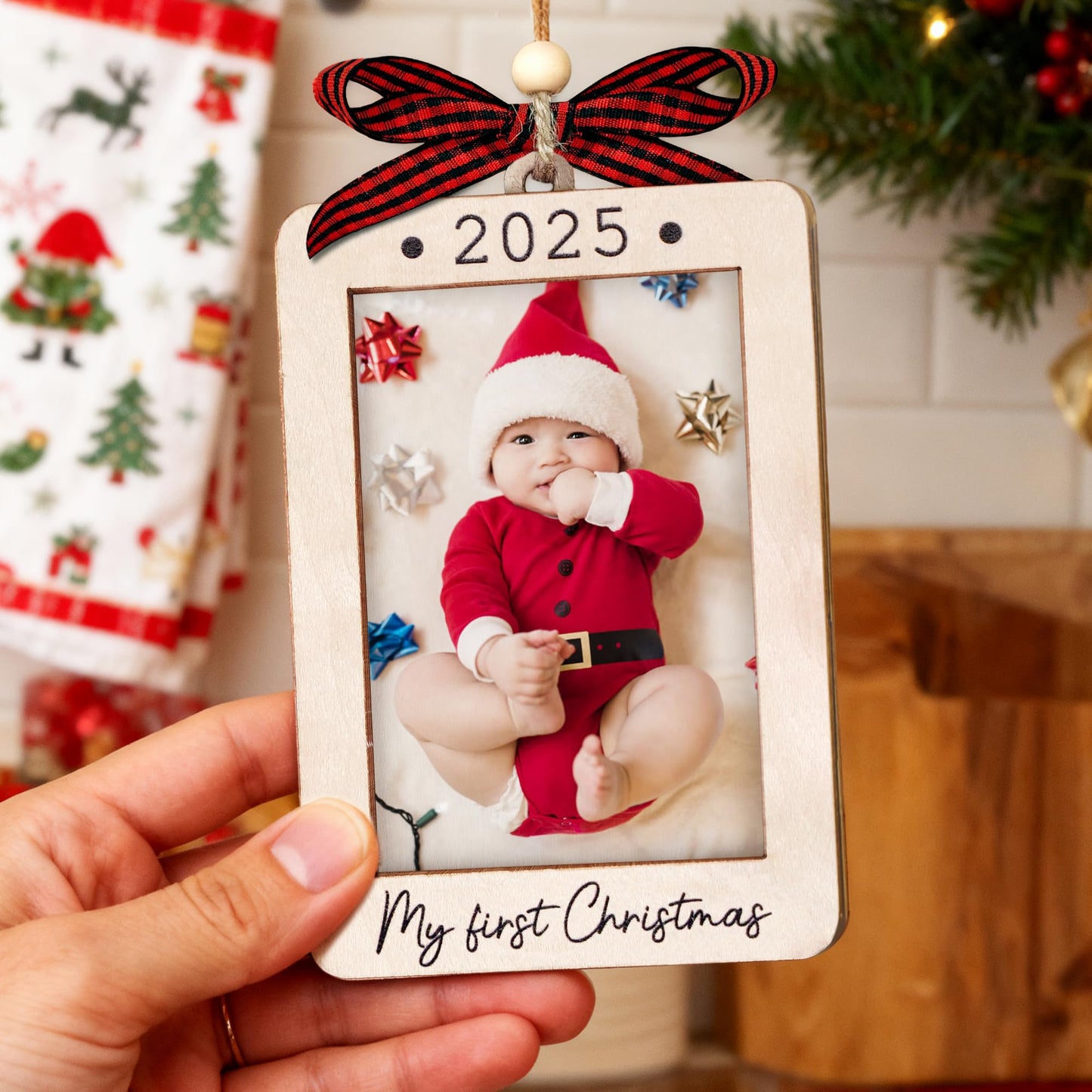 Hangwoous Baby's First Christmas Photo Frame Ornament 2025 | Wooden portrait frame keepsake, first Christmas photo gift for baby BST202