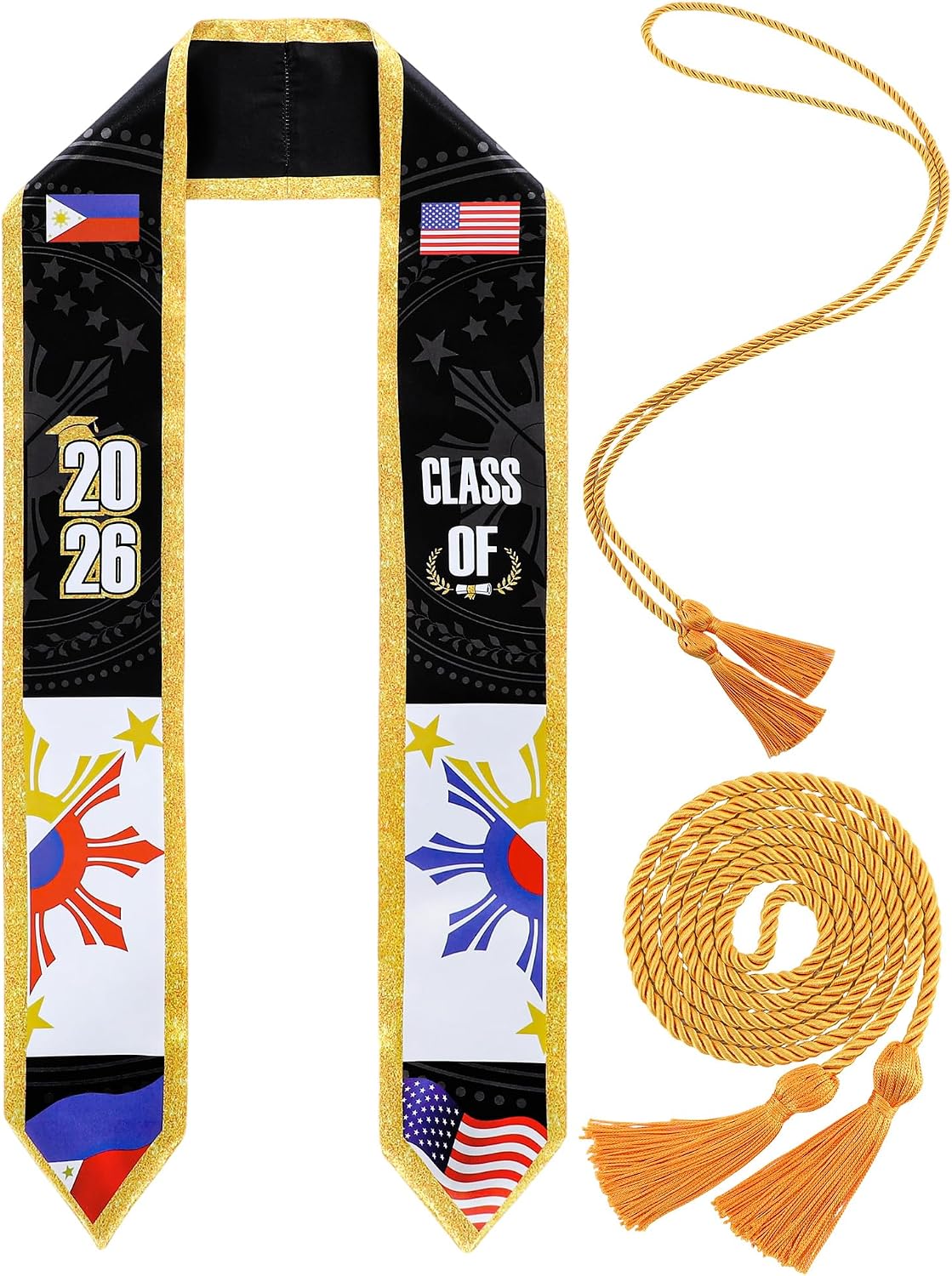 Shihanee 2 Pcs National Flag Graduation Stole with Cap Tassel Class of 2026 Mixed Country 72" Philippines and USA Flag Graduation Sash Honor WN420