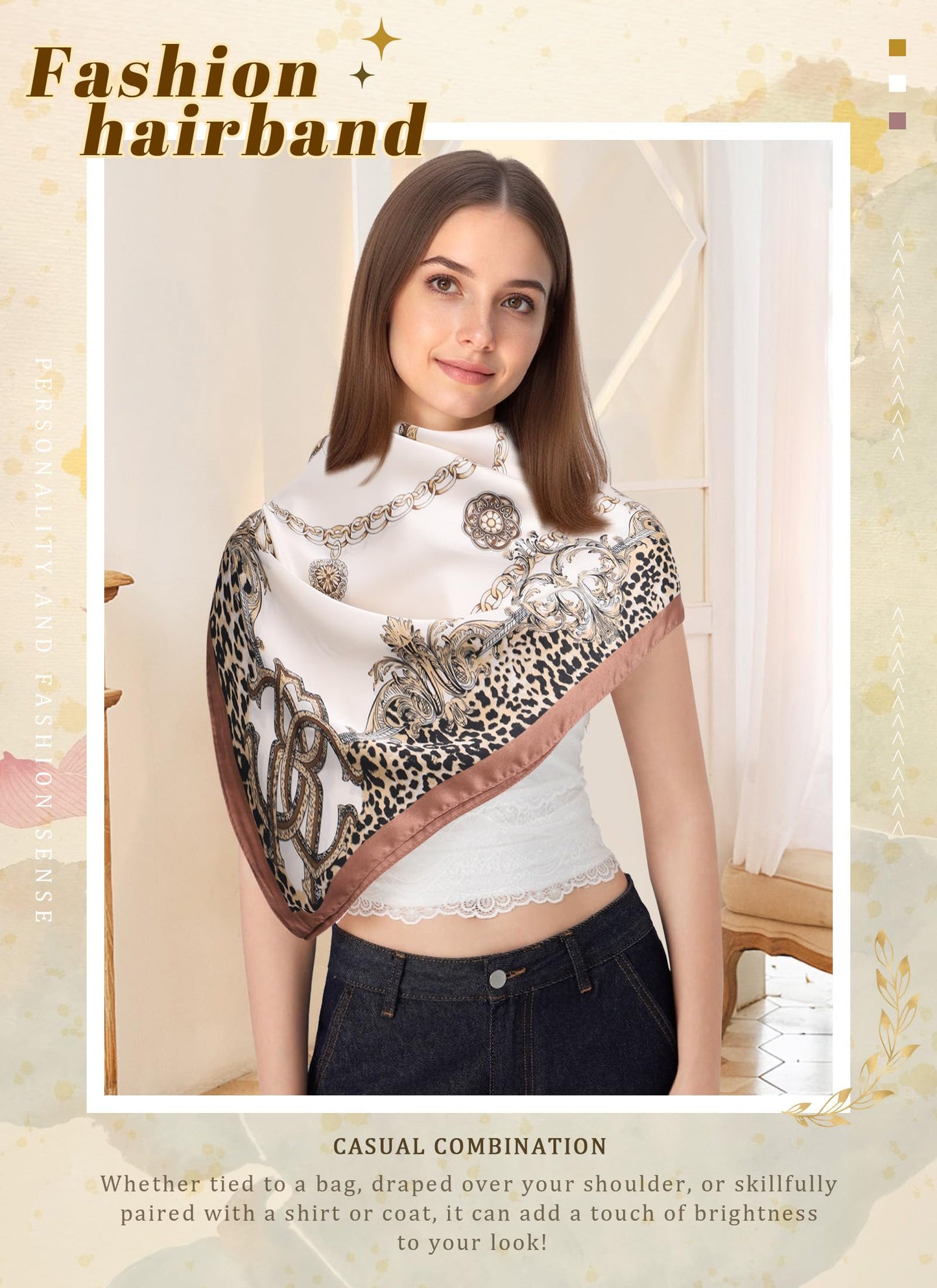 CHLINS 27.5” Square Head Scarf for Women Satin Hair Scarf Silk Wrap Neck Scarves Bandanas for Handbags Accessories WN420