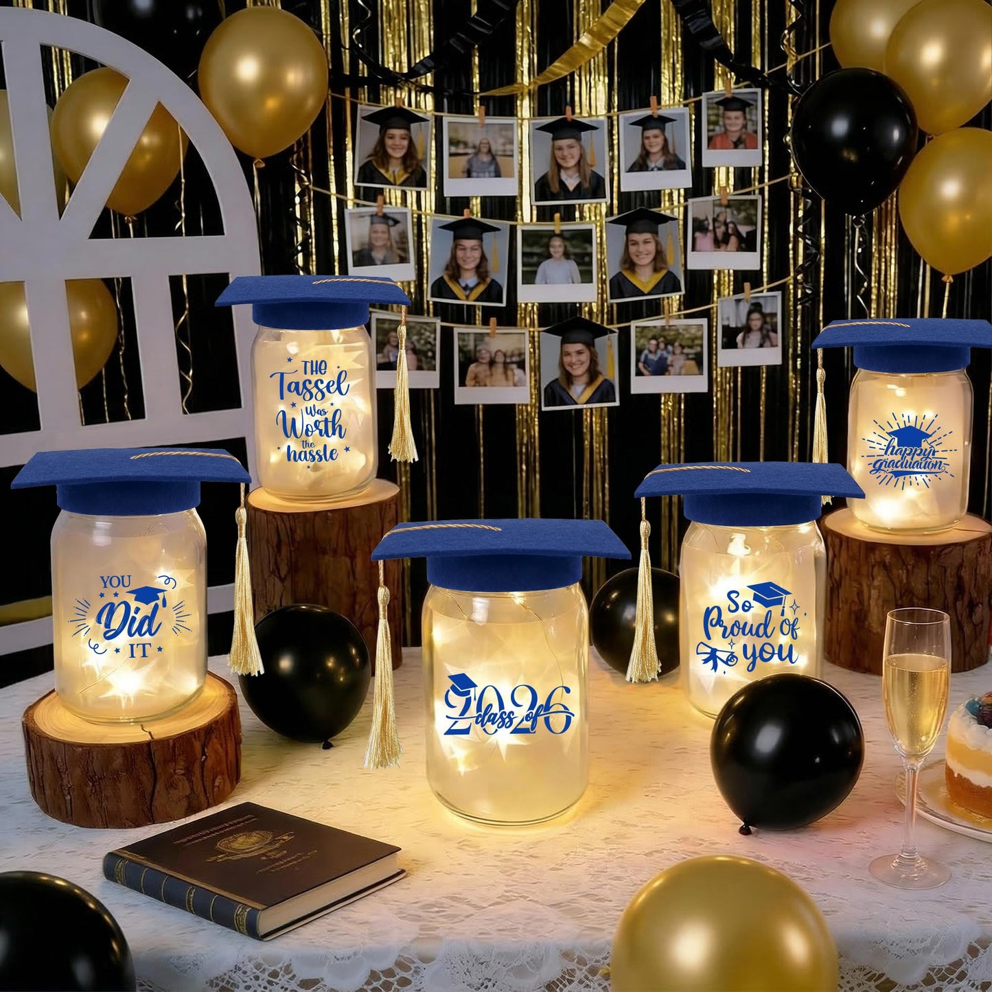 3 Sets 2026 Graduation Centerpieces for Tables, Glowing Mason Jar Centerpieces with Graduation Caps, Glowing Money Jars for College High School Congrats Grad Party Decor Supplies WN420