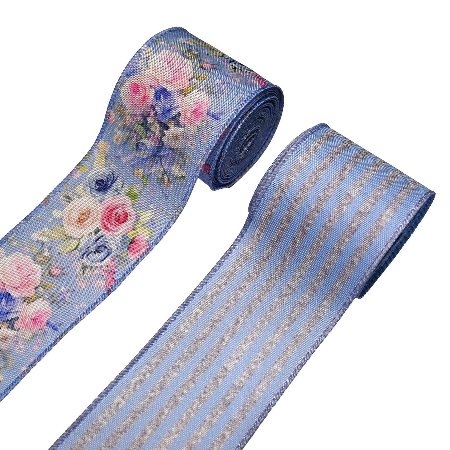 2 Rolls 10 Yards Spring Blue White Floral Wired Ribbons for Wreath Bows Wrapping Gifts, Hydrangea Butterfly Ribbon for Holiday Wedding Birthday Baby Shower Party Décor Summer DIY Crafts 2.5" BST202