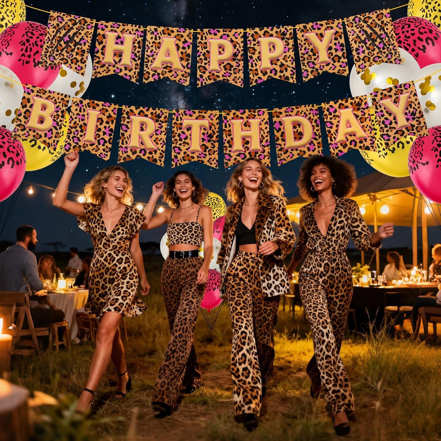 Cheetah Print Birthday Decorations, Pink Gold Leopard Happy Birthday Banner with Balloons for Girls Women Safari Animal Theme Party Celebration Decor Supplies WN420
