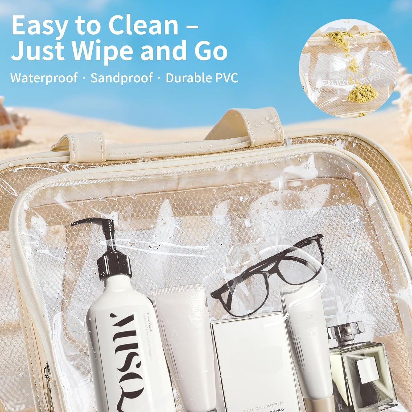 Waterproof Toiletry Bag – Large Capacity Clear PVC Beach Tote Bag, Portable Unisex Travel Makeup Organizer for Swimming, Gym, and Vacation (Beige) BST326H