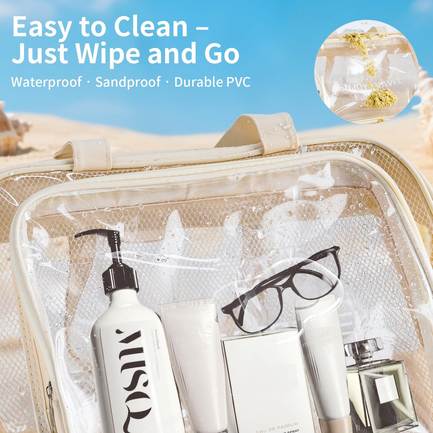 Waterproof Toiletry Bag – Large Capacity Clear PVC Beach Tote Bag, Portable Unisex Travel Makeup Organizer for Swimming, Gym, and Vacation (Beige) BST326H
