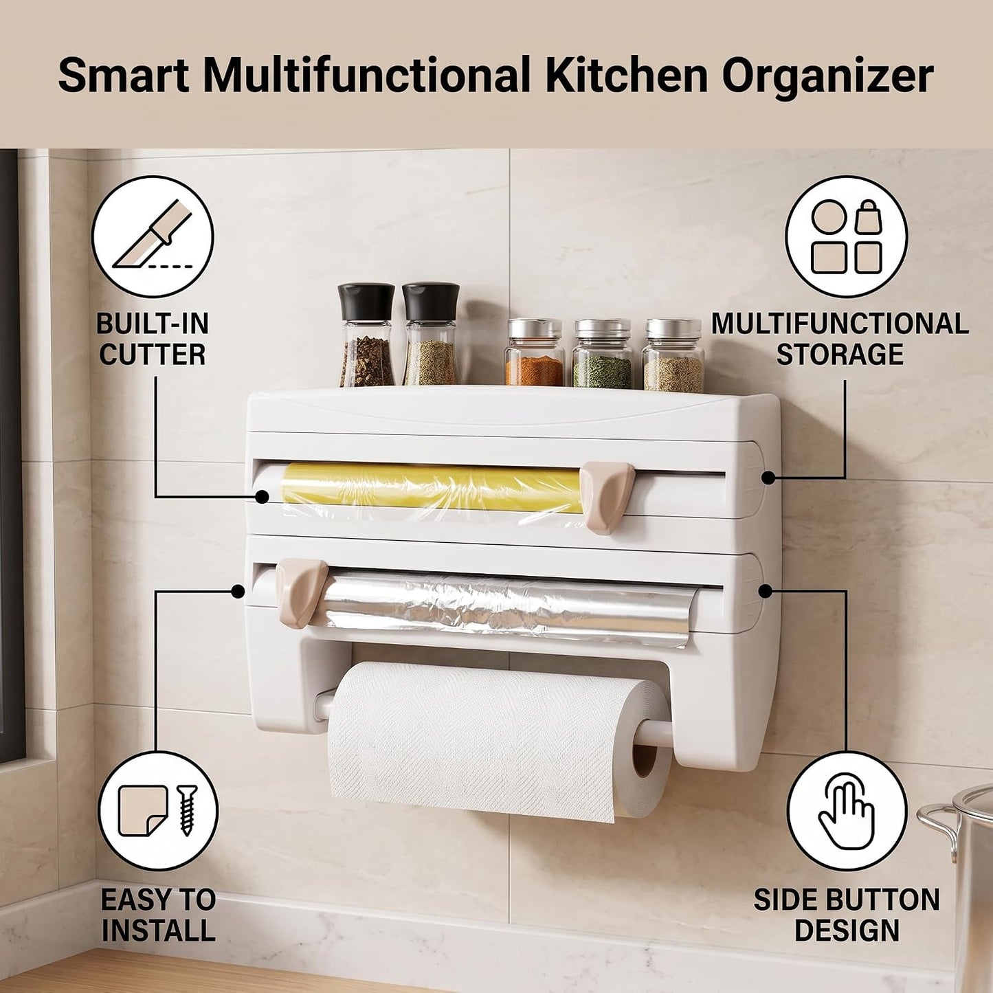 Plastic Wrap Dispenser Wall Mounted Paper Towel Holder with Side Button Inside Cutter No Drill Easy Installation Multifunctional Storage for Kitchen Cling Film Aluminum Foil Garbage Bags BST202