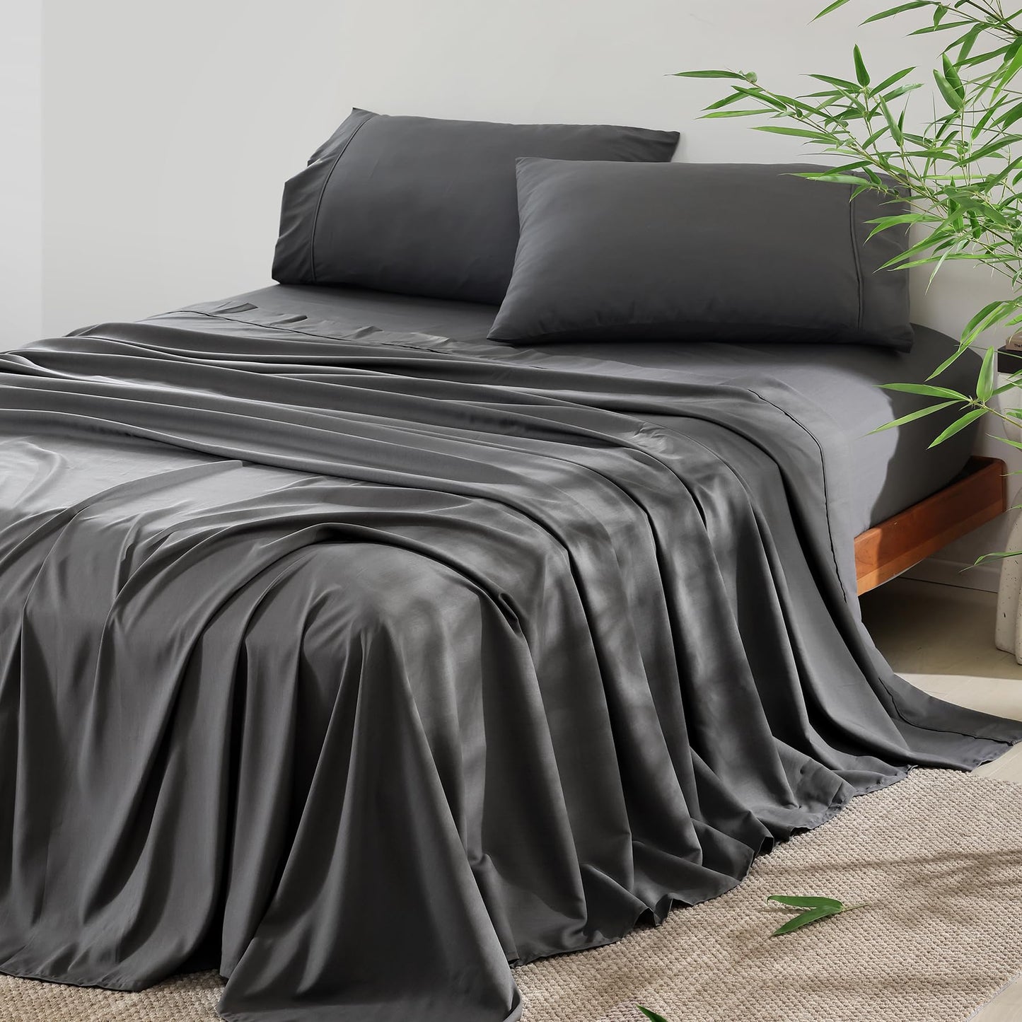 4 Piece Twin Size Sheet - Cooling Bed Sheets Set, Blend Rayon Derived from Bamboo, Breathable Soft Hotel Luxury Bedding & Pillowcases, Silky Fit 16 inch Extra Deep Pocket, Oeko-Tex - Olive Green BST326H